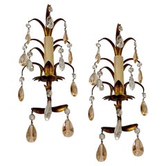 Retro Pair of Gilt Metal and Rose Crystal Sconces