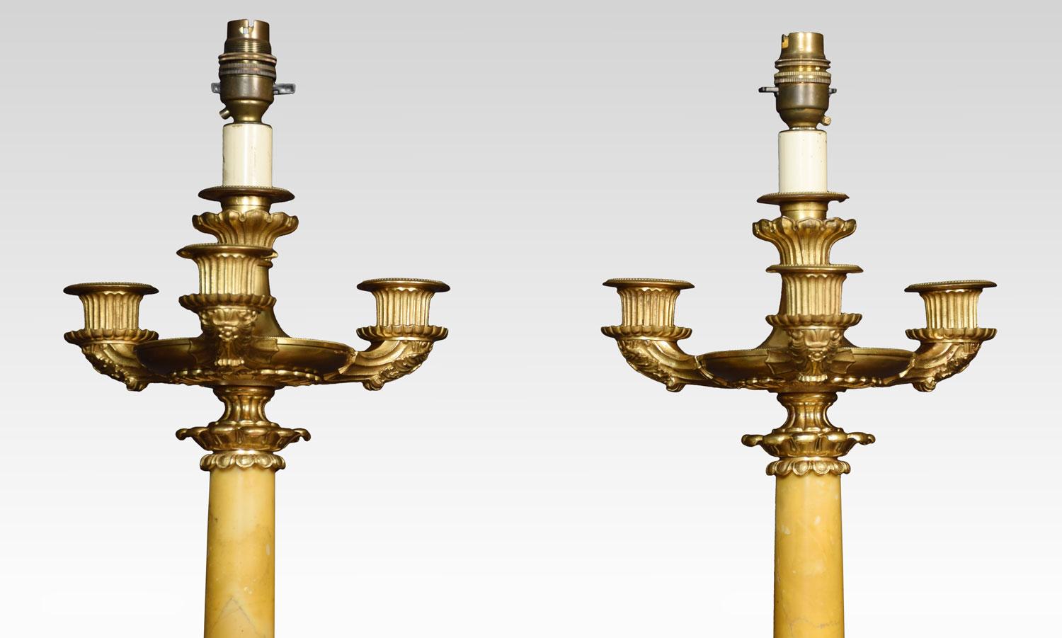 French Pair of Gilt Metal and Sienna Marble Table Lamps