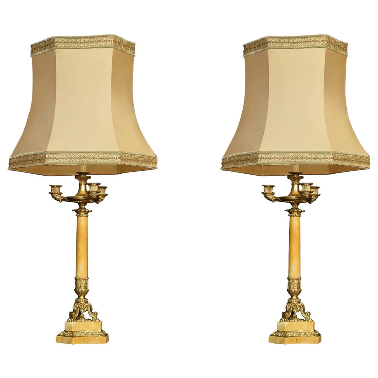 Pair of Gilt Metal and Sienna Marble Table Lamps