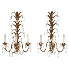 Pair of Gilt Metal Bagues Style Sconces with Crystals