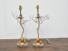 Pair of Gilt Metal Baguès Style Table Lamps with Crystal Leaves and Lucite Bases