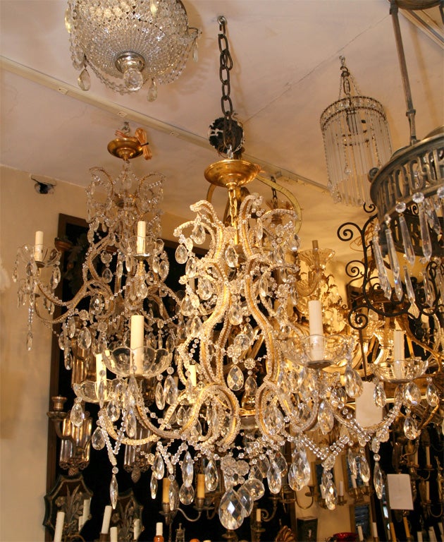 Pair of Gilt Metal Chandeliers with Crystals, Sold Individually For Sale 3