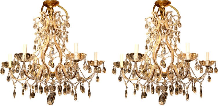Pair of Gilt Metal Chandeliers with Crystals, Sold Individually For Sale 4