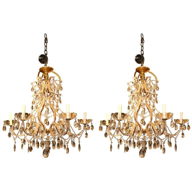 Pair of Gilt Metal Chandeliers with Crystals, Sold Individually