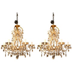 Pair of Gilt Metal Chandeliers with Crystals, Sold Individually