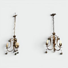 Pair of Gilt Metal Chandeliers with Foliage and Coloured Glass Grape Clusters