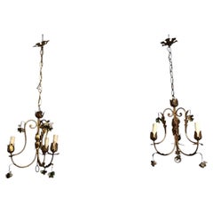 Pair of Gilt Metal Chandeliers with Foliage and Coloured Glass Grape Clusters