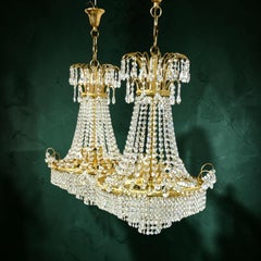 Pair of Gilt Metal Chandeliers with Glass Drops, Mid-20th Century