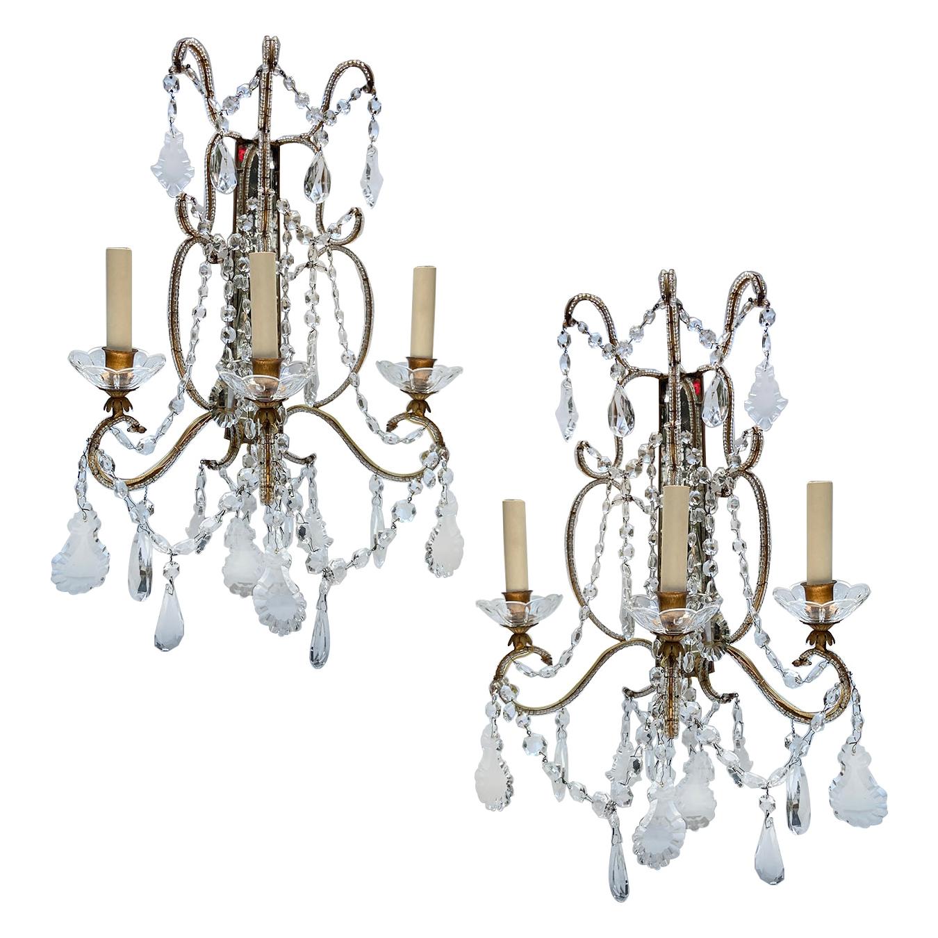 Pair of Gilt Metal & Crystal Sconces