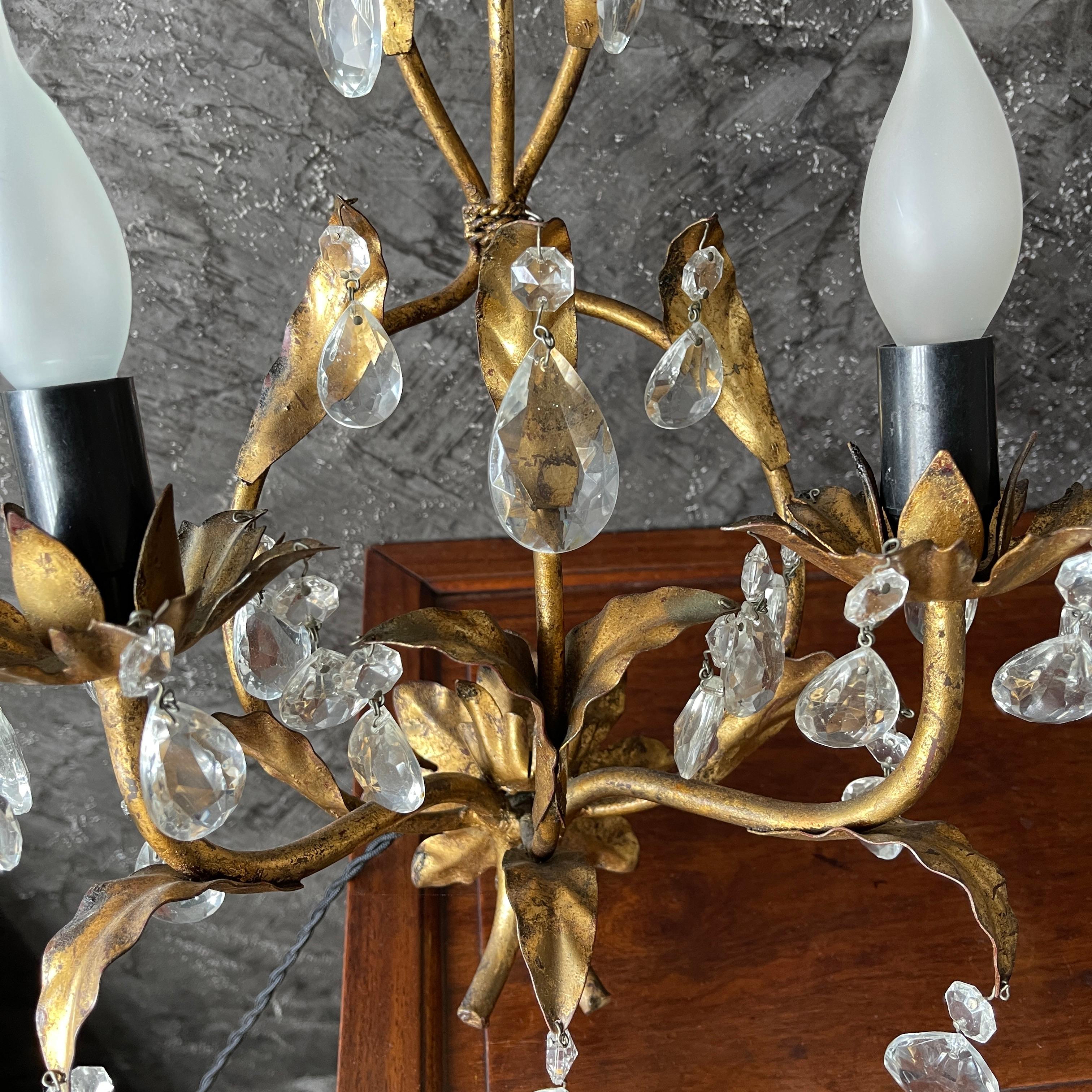 Pair of Gilt Metal Crystal Wall Sconces For Sale 5