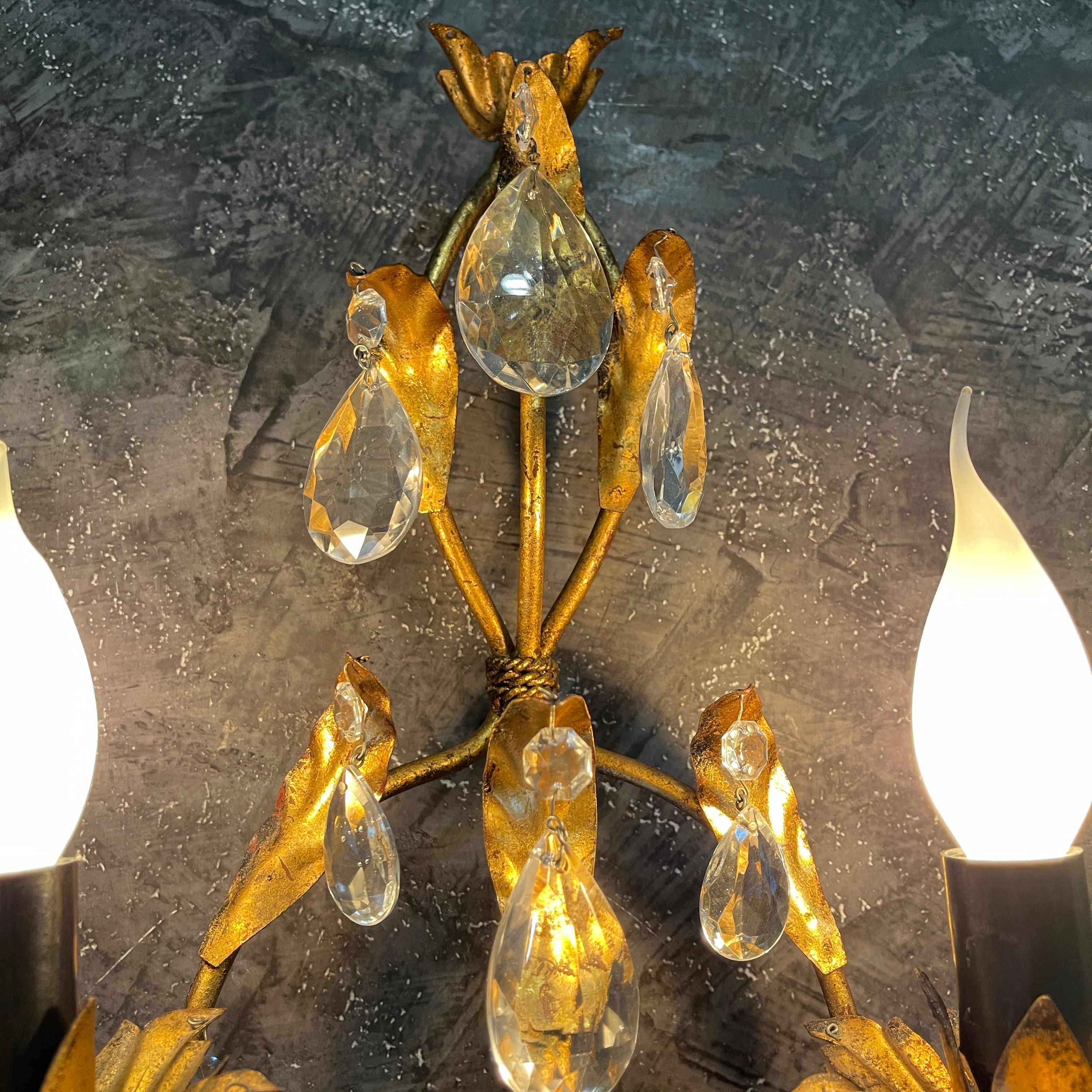 European Pair of Gilt Metal Crystal Wall Sconces For Sale