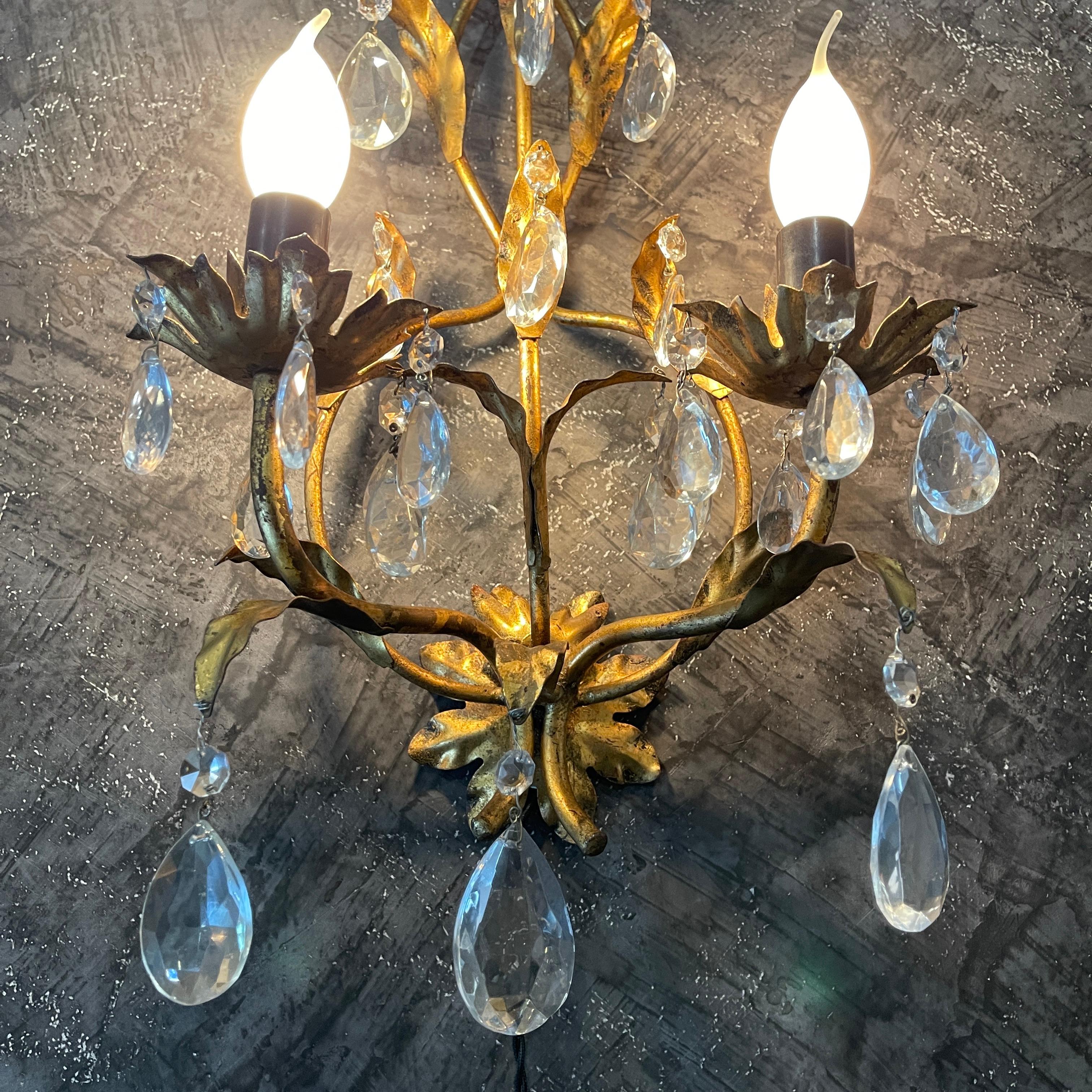 20th Century Pair of Gilt Metal Crystal Wall Sconces For Sale