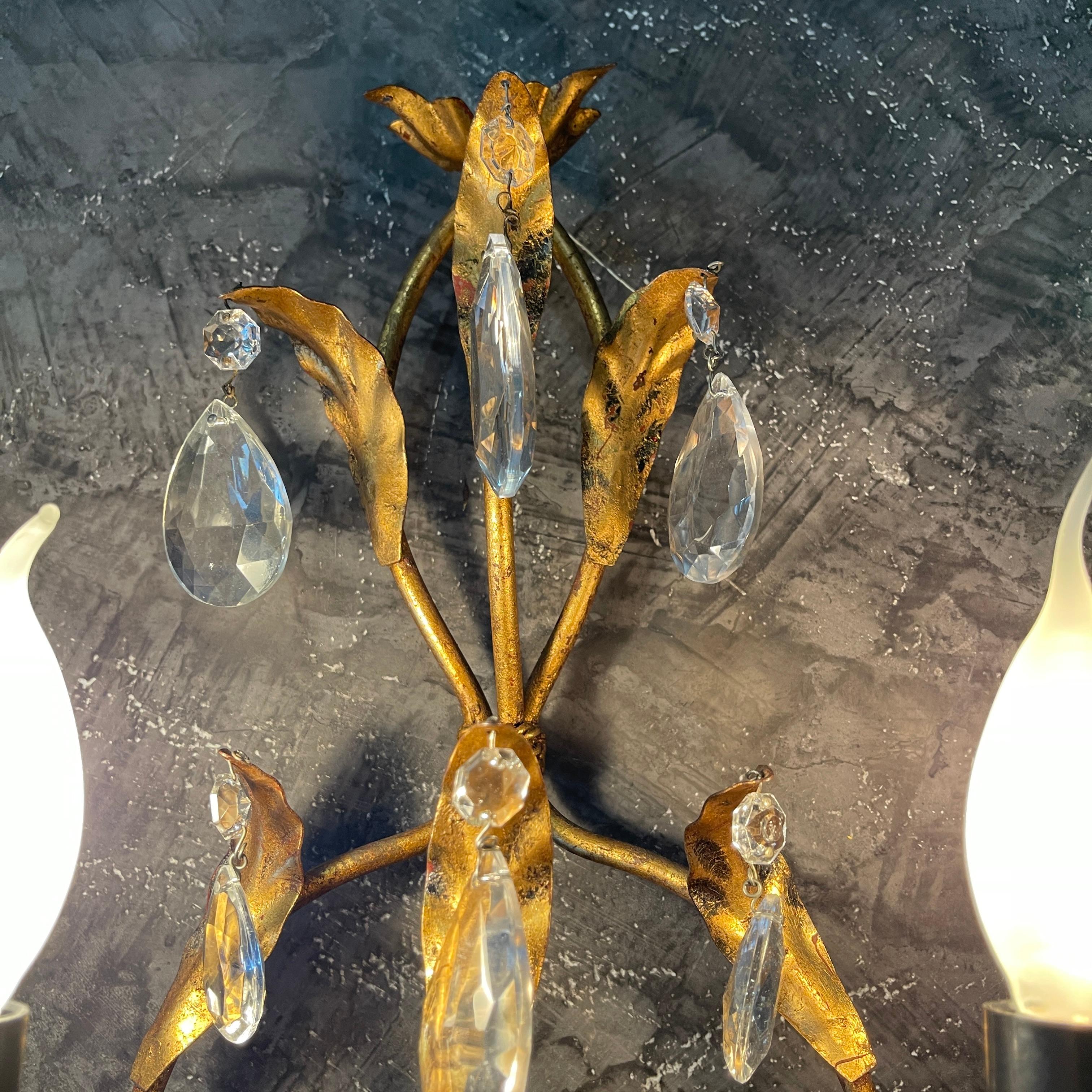 Pair of Gilt Metal Crystal Wall Sconces For Sale 1