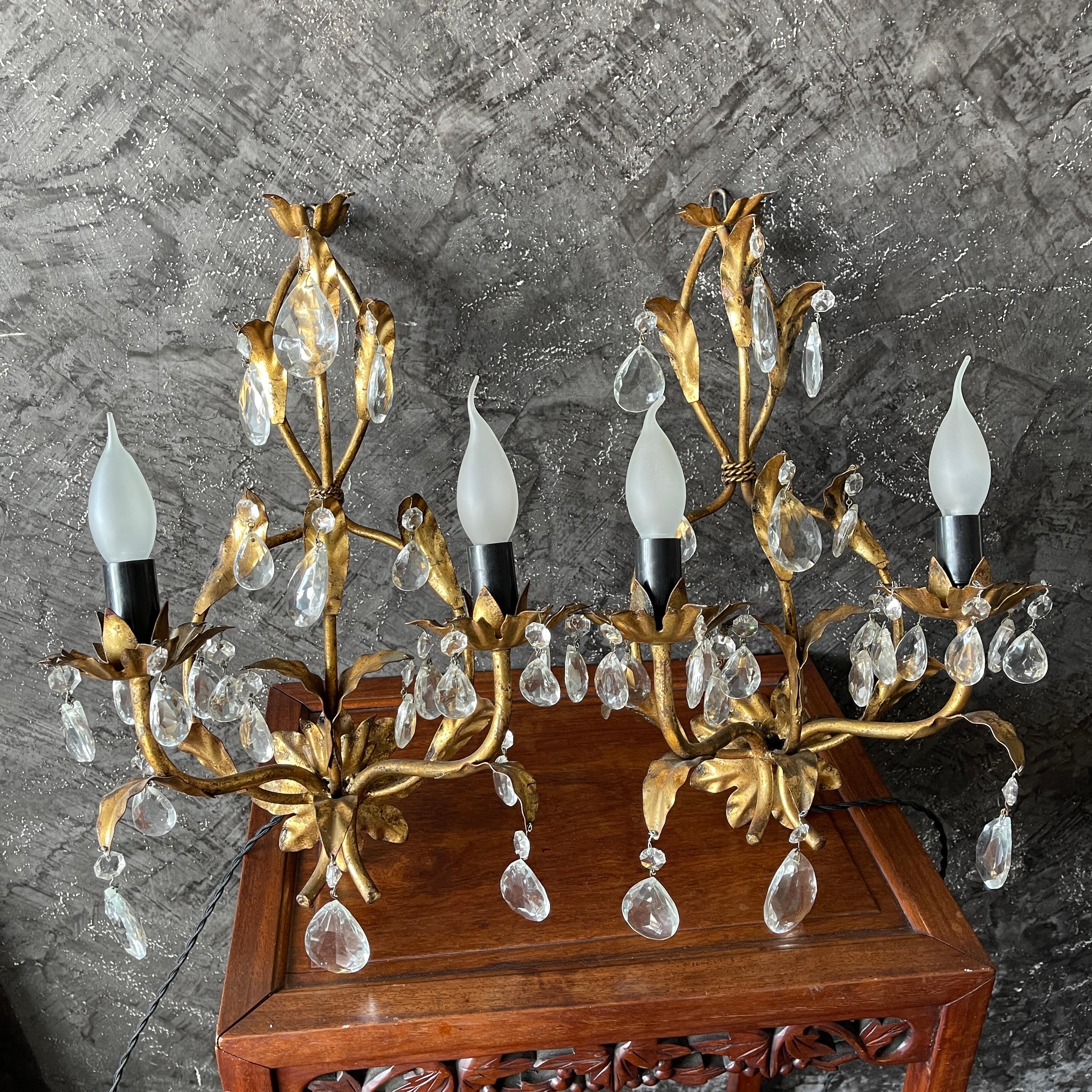 Pair of Gilt Metal Crystal Wall Sconces For Sale 2