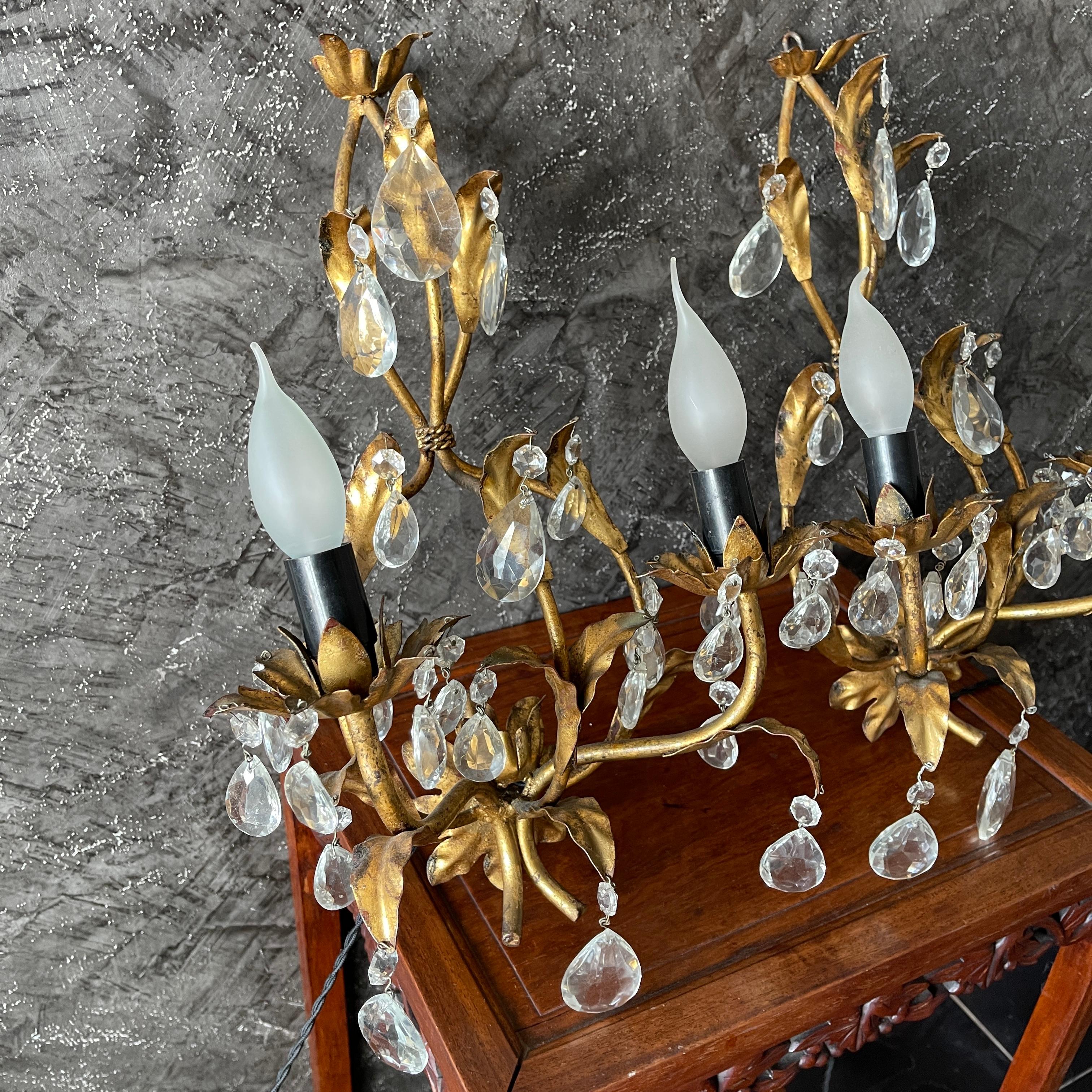 Pair of Gilt Metal Crystal Wall Sconces For Sale 3