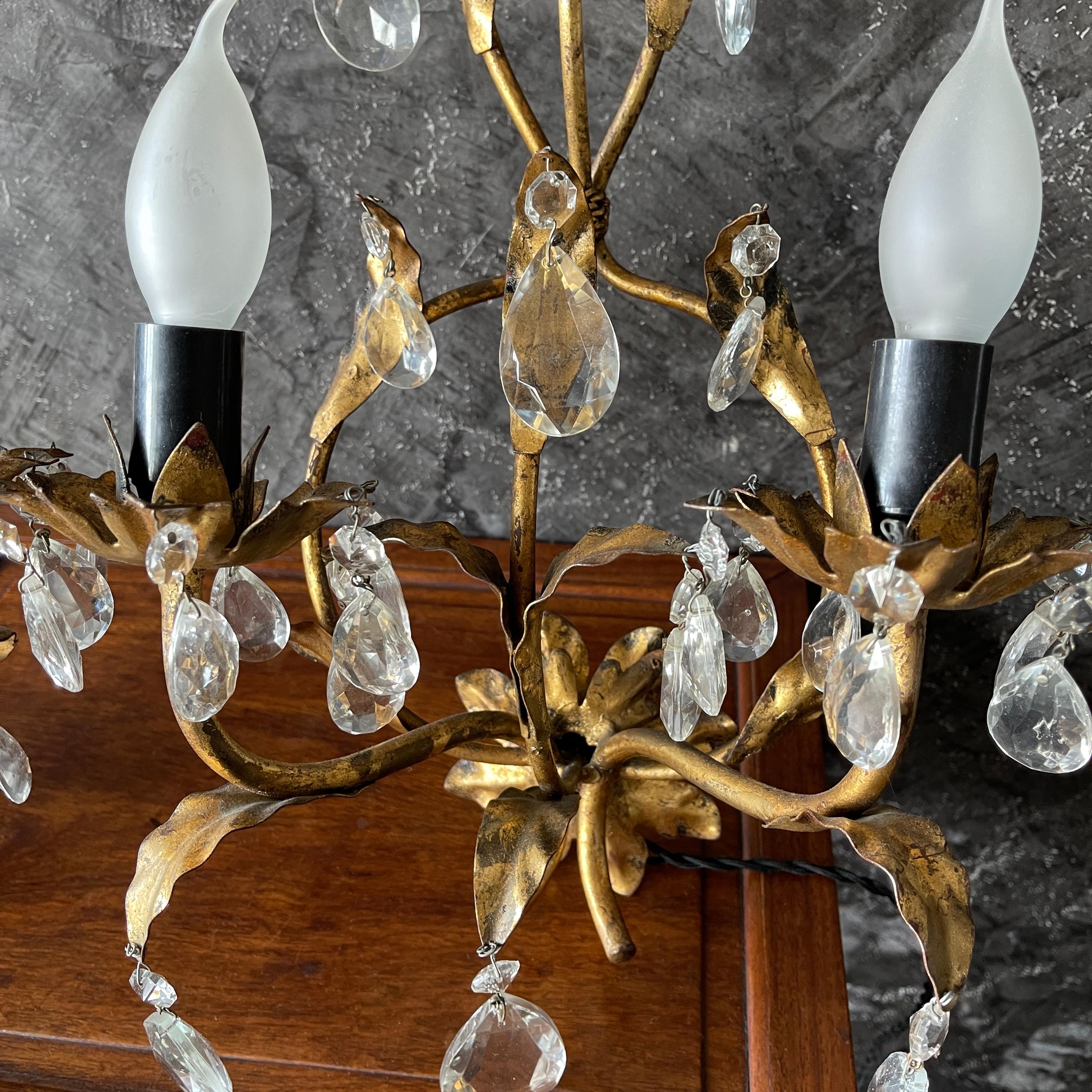 Pair of Gilt Metal Crystal Wall Sconces For Sale 4