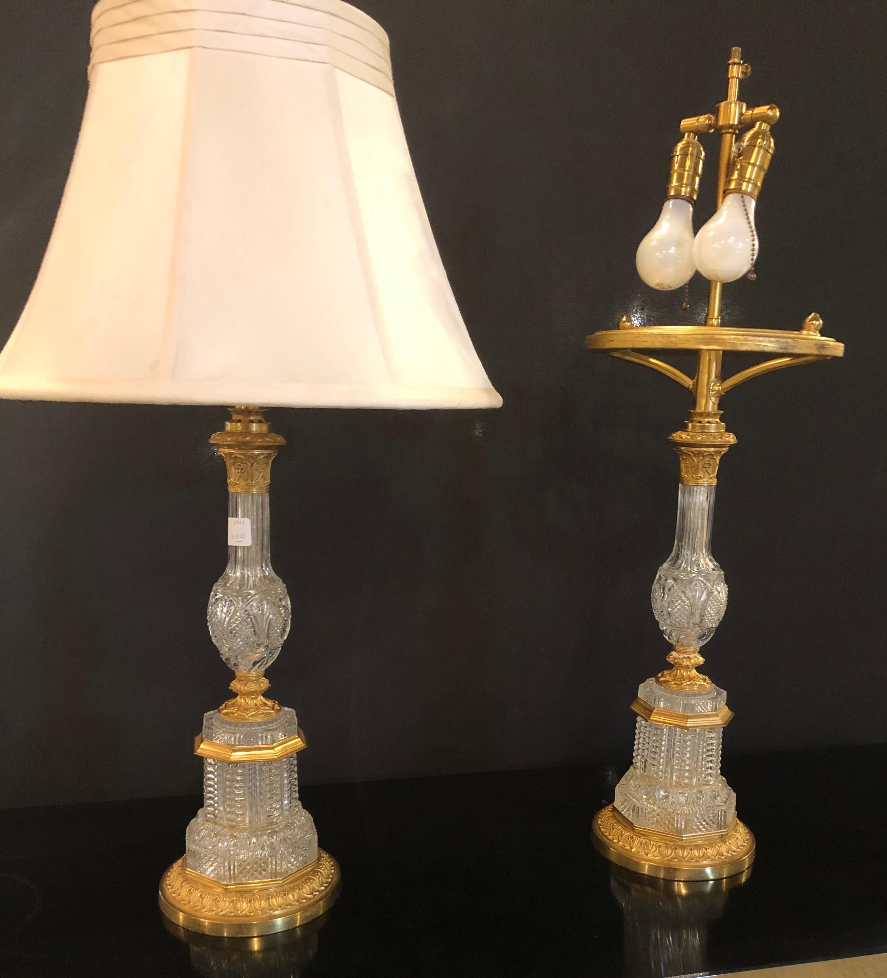 Pair of Gilt Metal Deco Cut Crystal Antique Oil Lamps Converted into Table Lamps 4