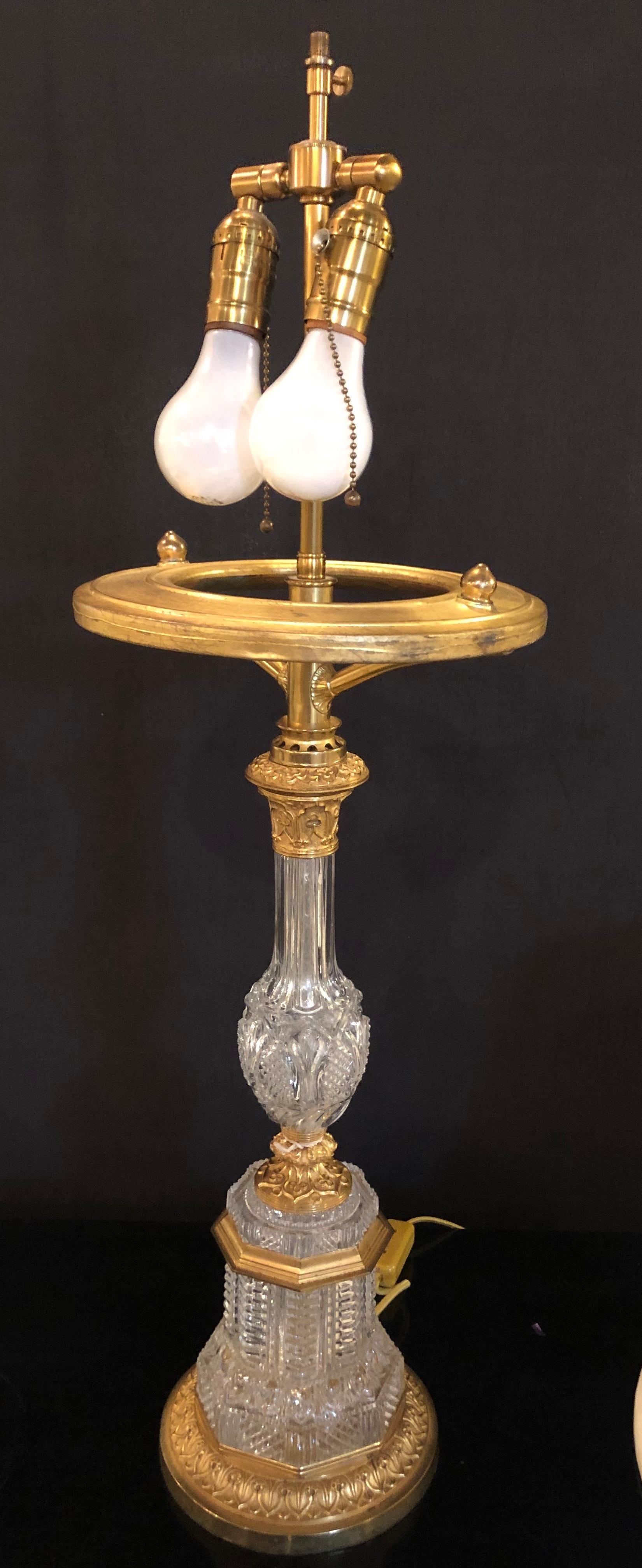 Neoclassical Pair of Gilt Metal Deco Cut Crystal Antique Oil Lamps Converted into Table Lamps