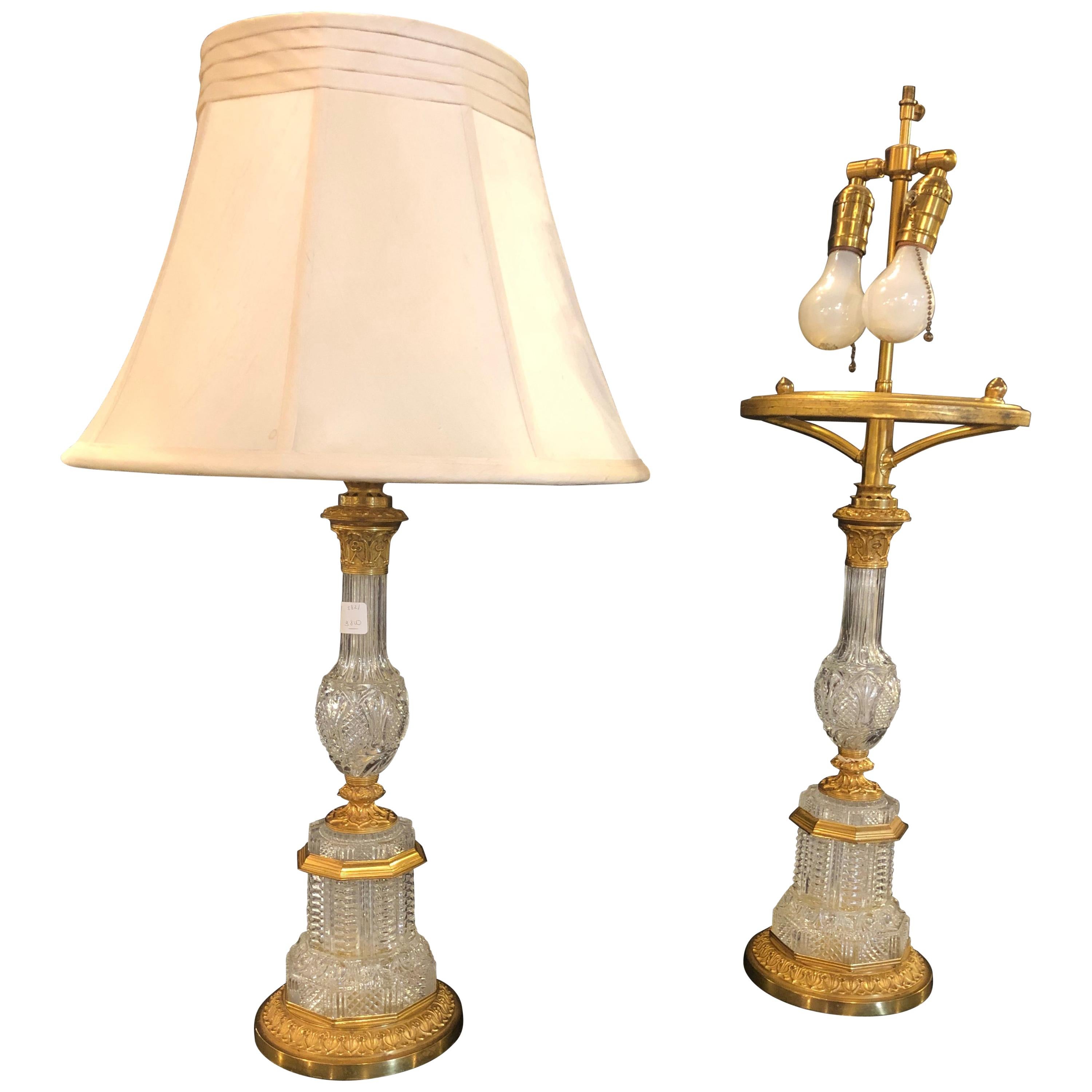 Pair Of Gilt Metal Deco Cut Crystal Antique Oil Lamps Converted Into Table