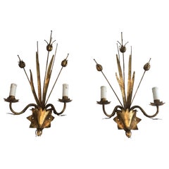 Pair of Gilt Metal Ears of Wheat Wall Sconces, French, circa 1970
