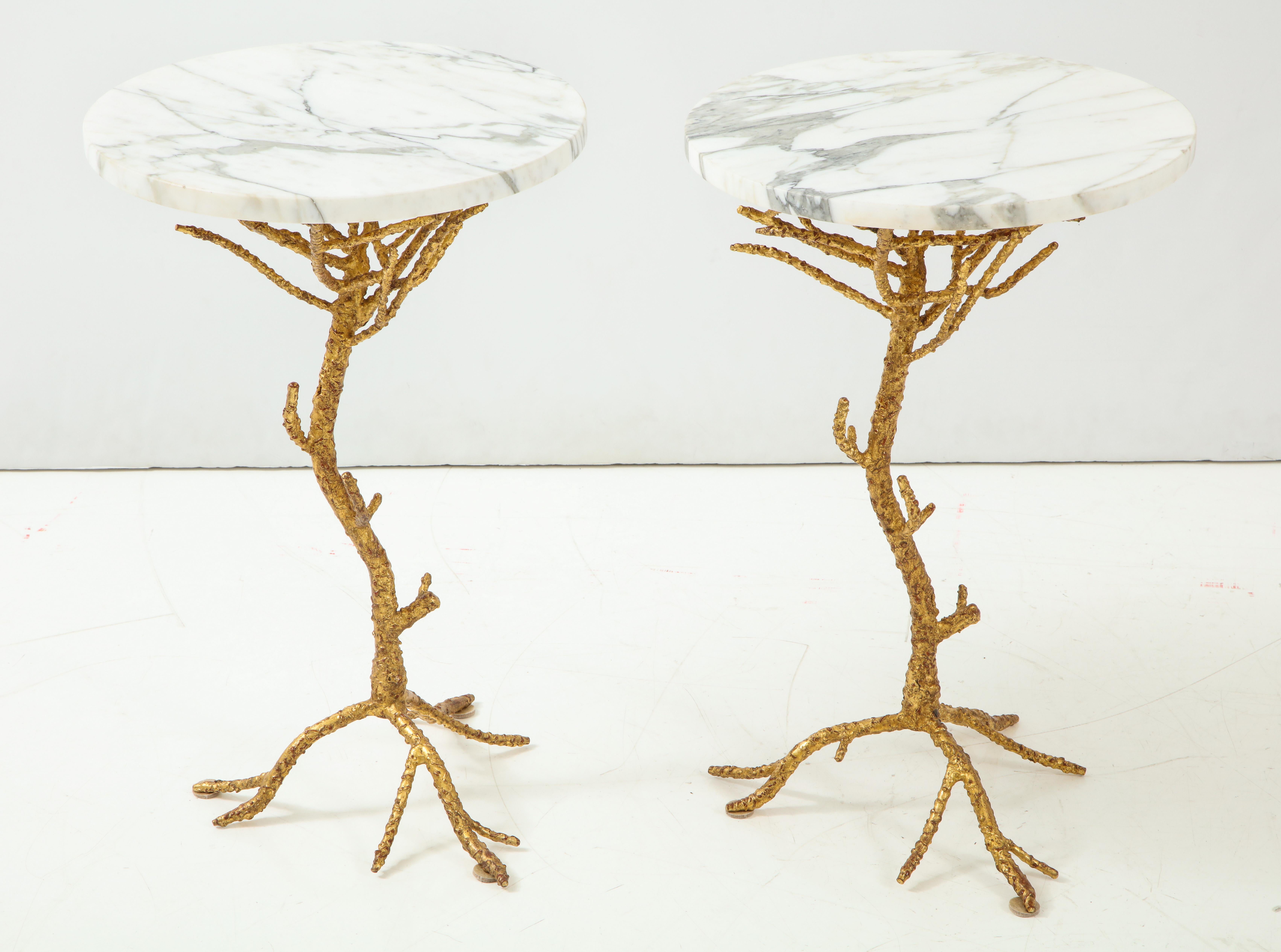 Pair of Gilt Metal Faux Bois Side Tables with Marble Top 5