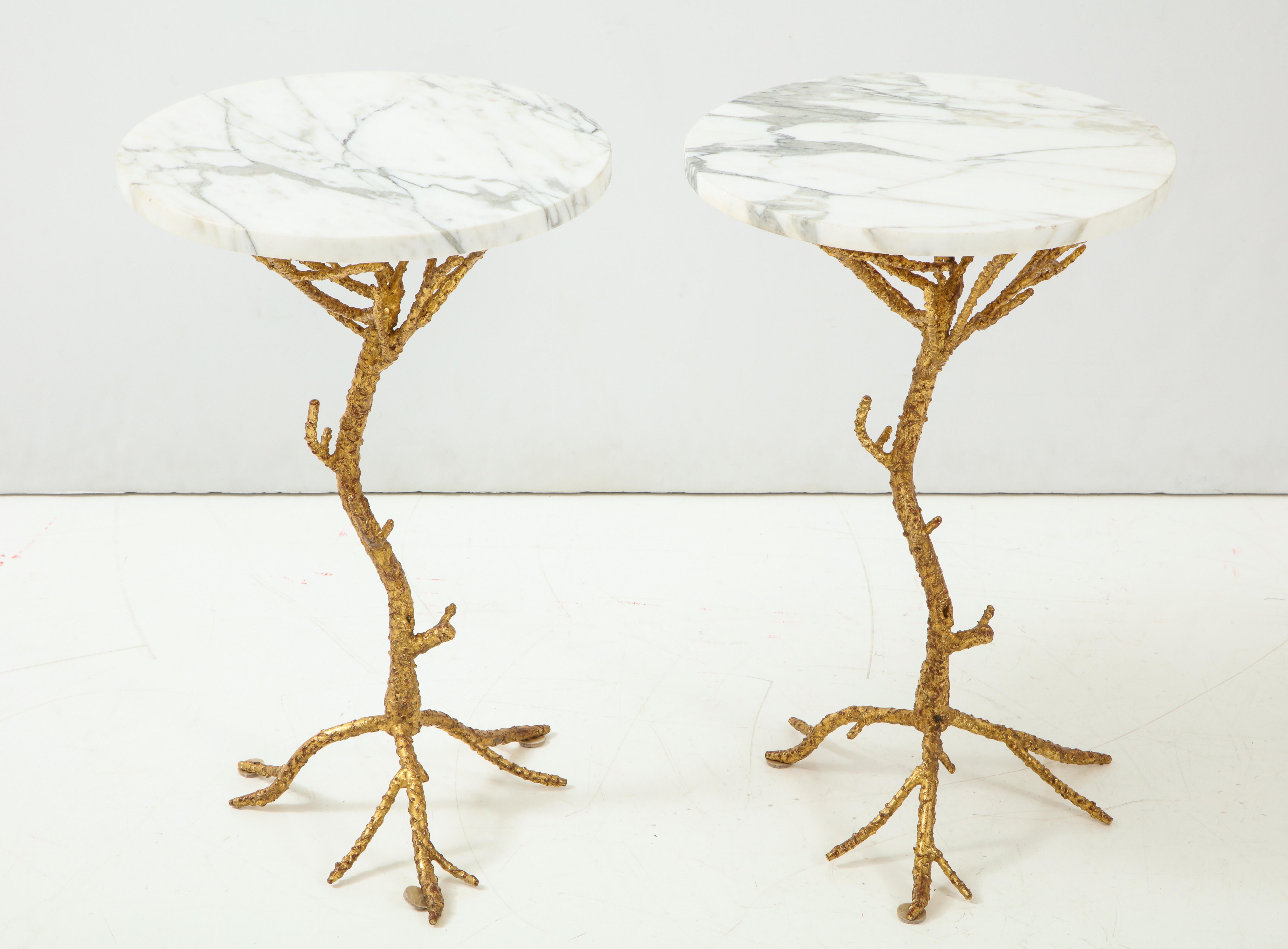 Unknown Pair of Gilt Metal Faux Bois Side Tables with Marble Top