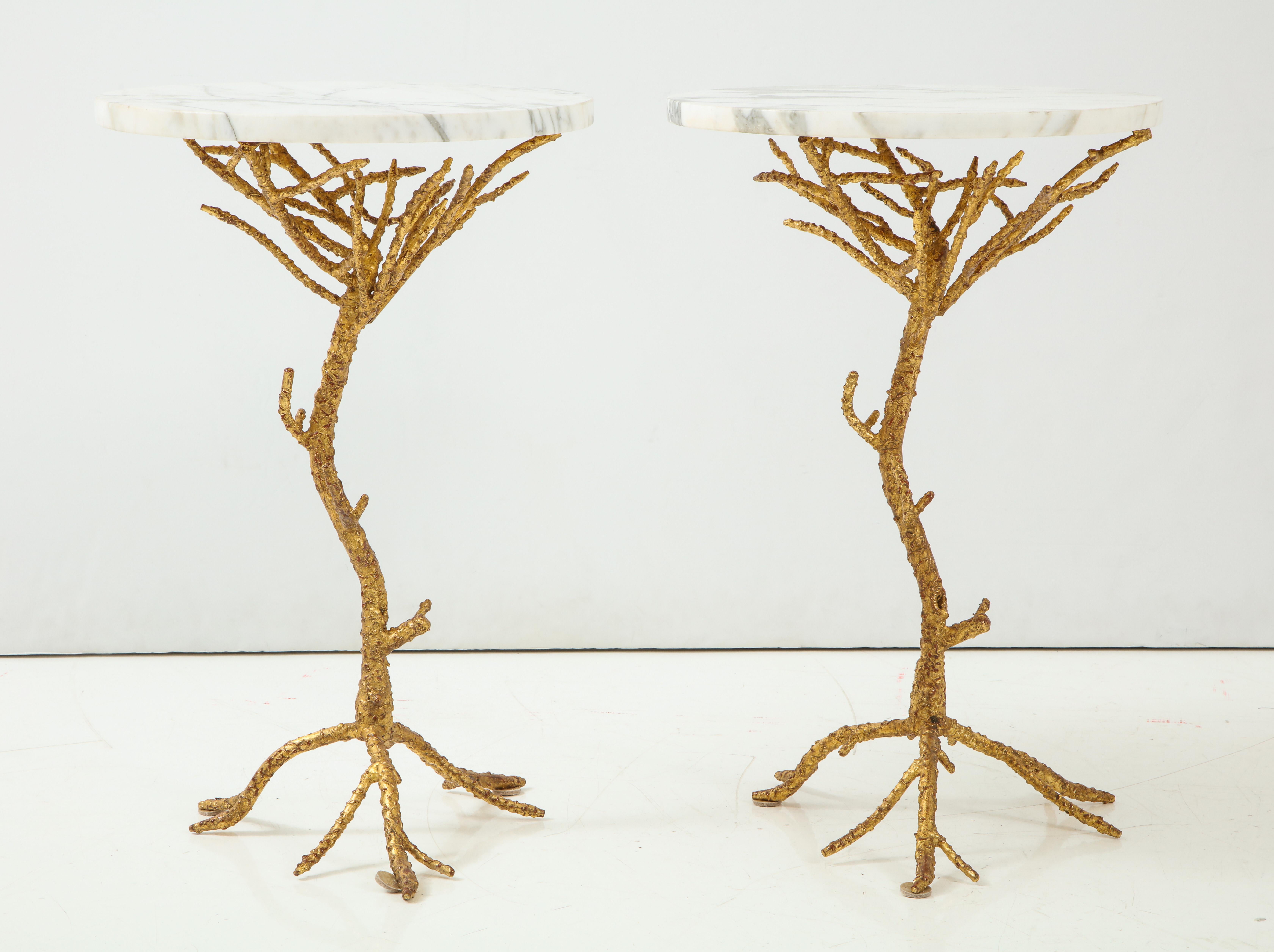Pair of Gilt Metal Faux Bois Side Tables with Marble Top In Good Condition In New York, NY