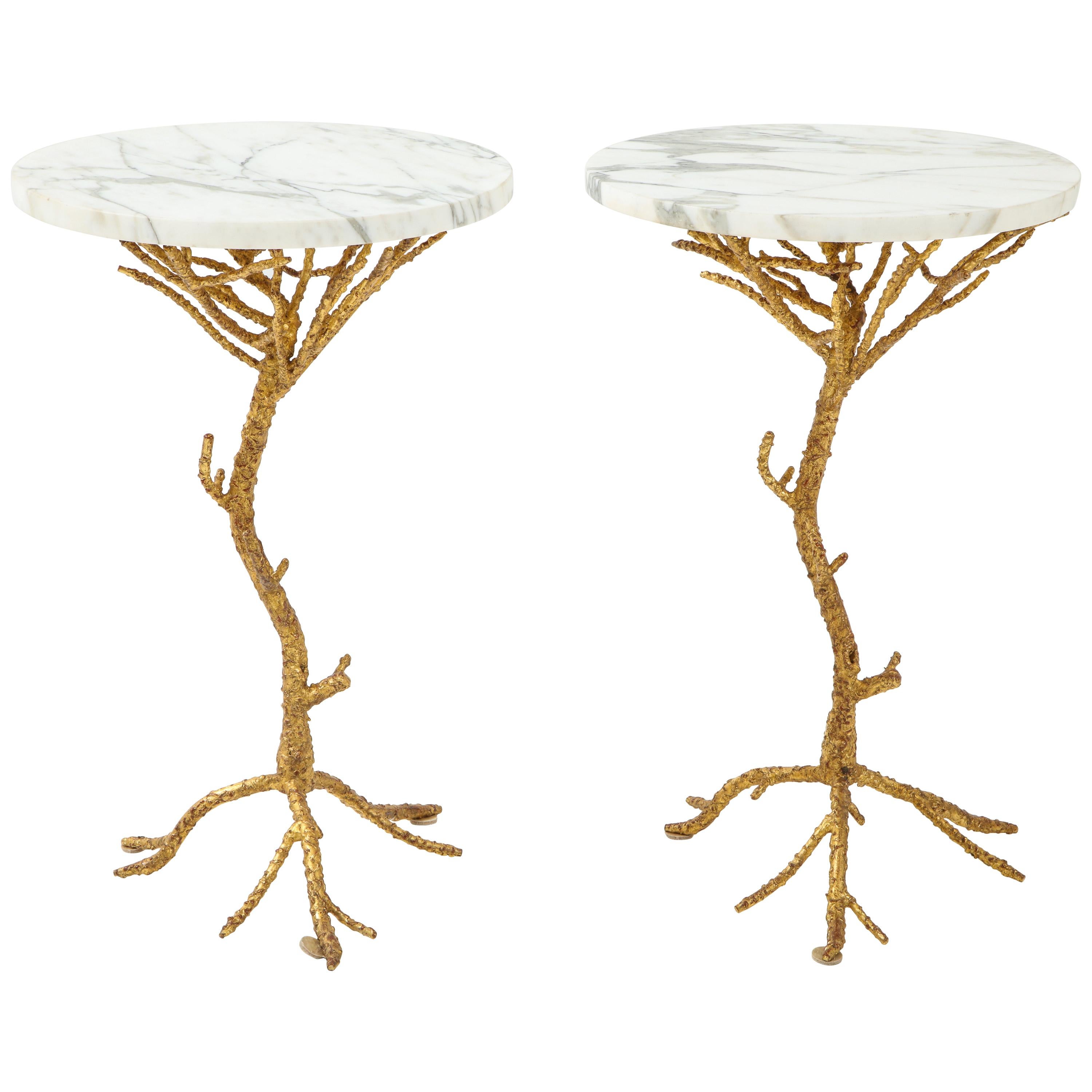 Pair of Gilt Metal Faux Bois Side Tables with Marble Top