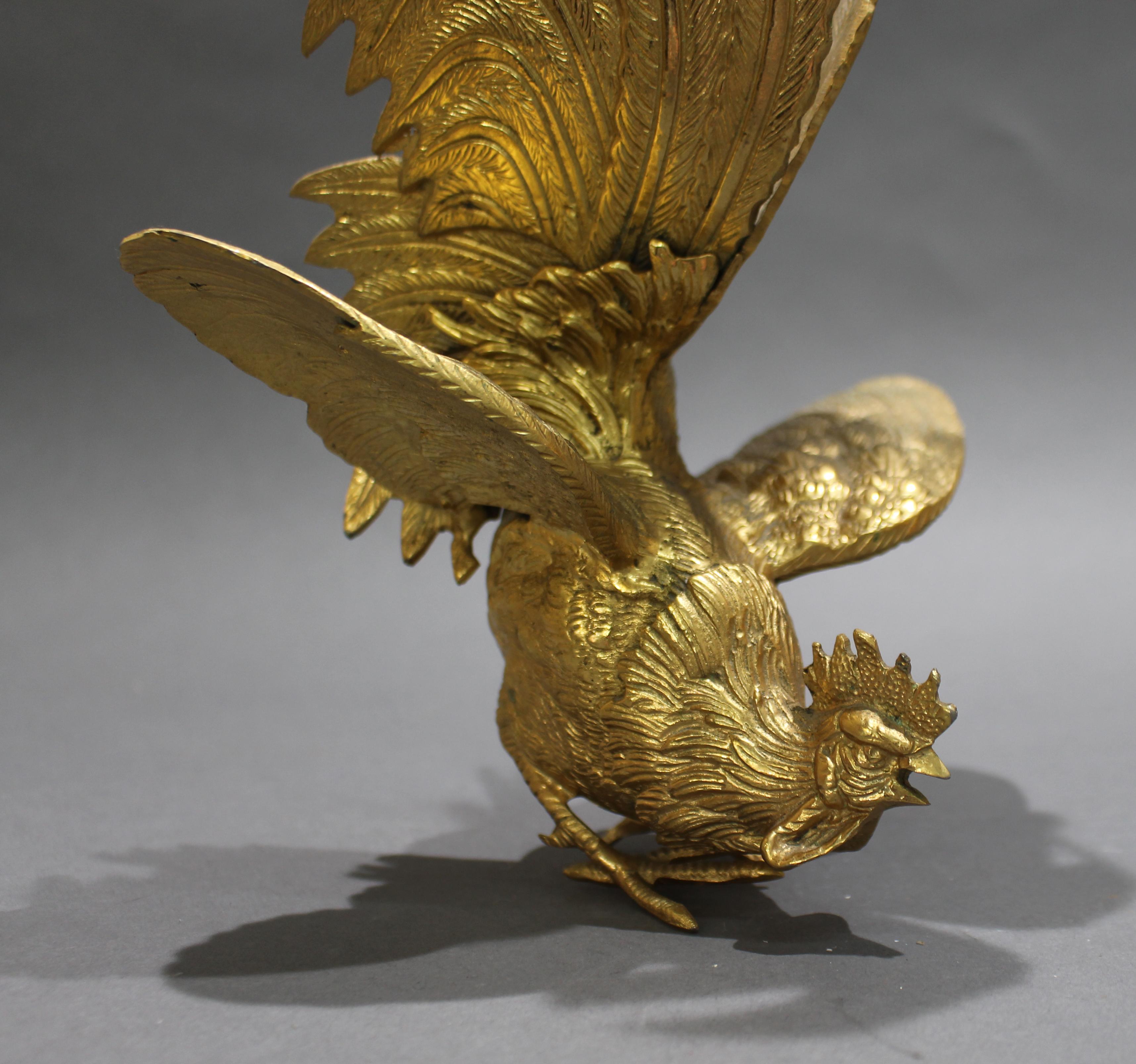 Brass Pair of Gilt Metal Fighting Cock Sculptures For Sale