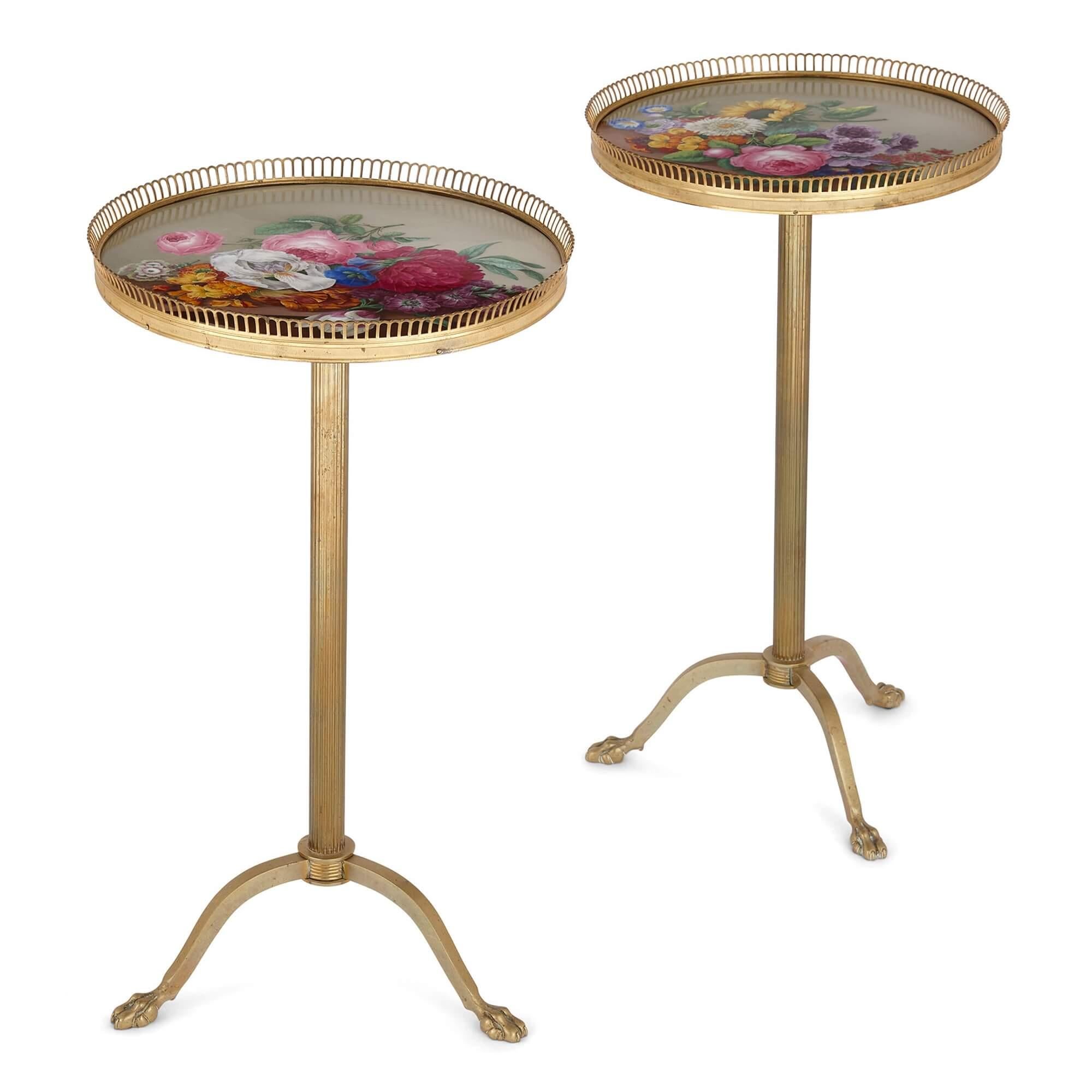 Pair of gilt metal gueridons with Meissen Porcelain tops
Porcelain: German, 19th century
Ormolu: French, 20th century
Height 60cm, diameter 34.5cm

This pair of beautiful gueridons features Meissen Porcelain tops and gilt metal frames. The