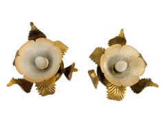 Pair of Gilt Metal Leafs & Glass Shade Tole Hollywood Regency Flush Mount, Italy