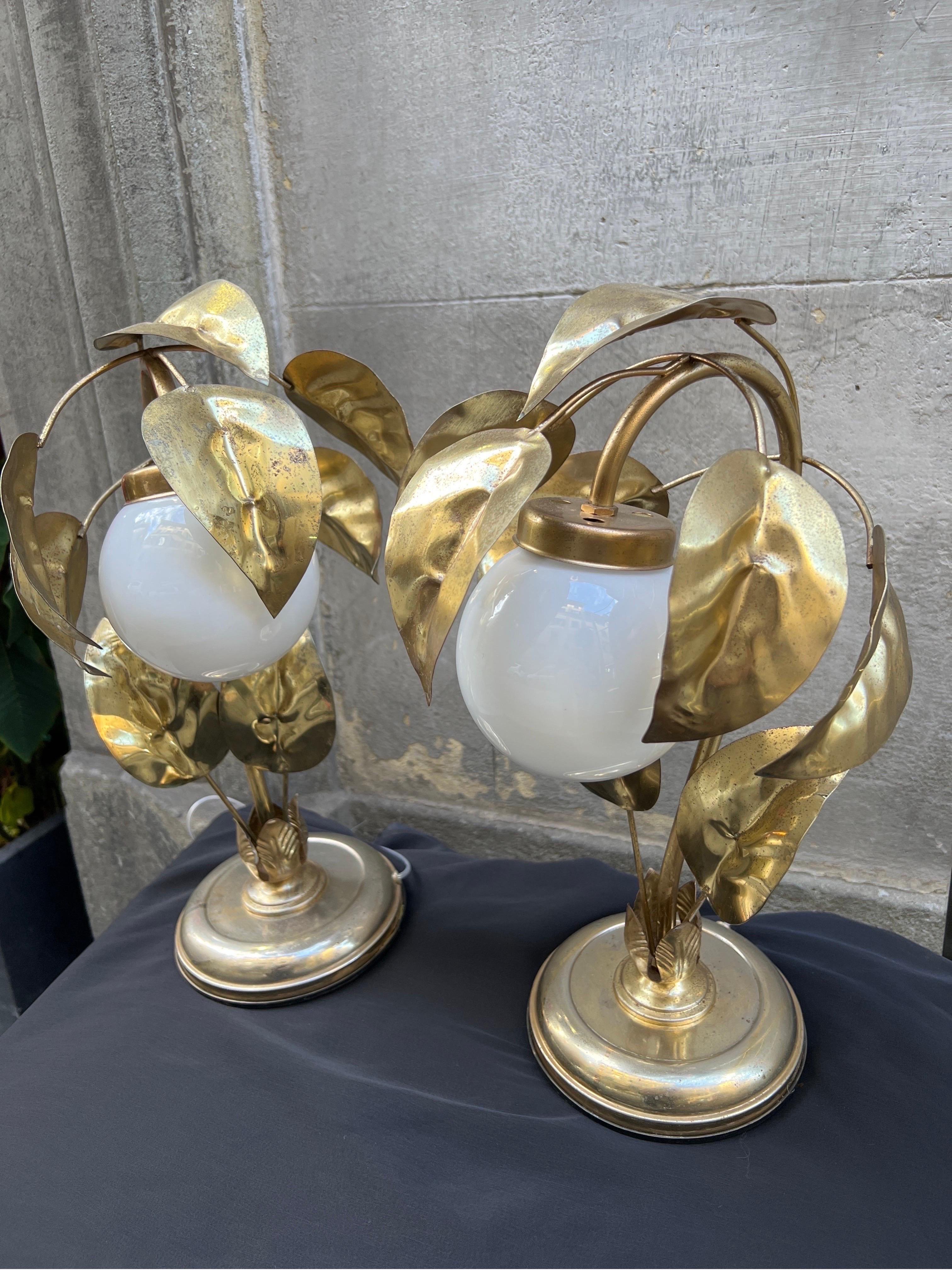 Pair of Gilt Metal Leaves Table Lamps with White Glass Ball, 1950s 4