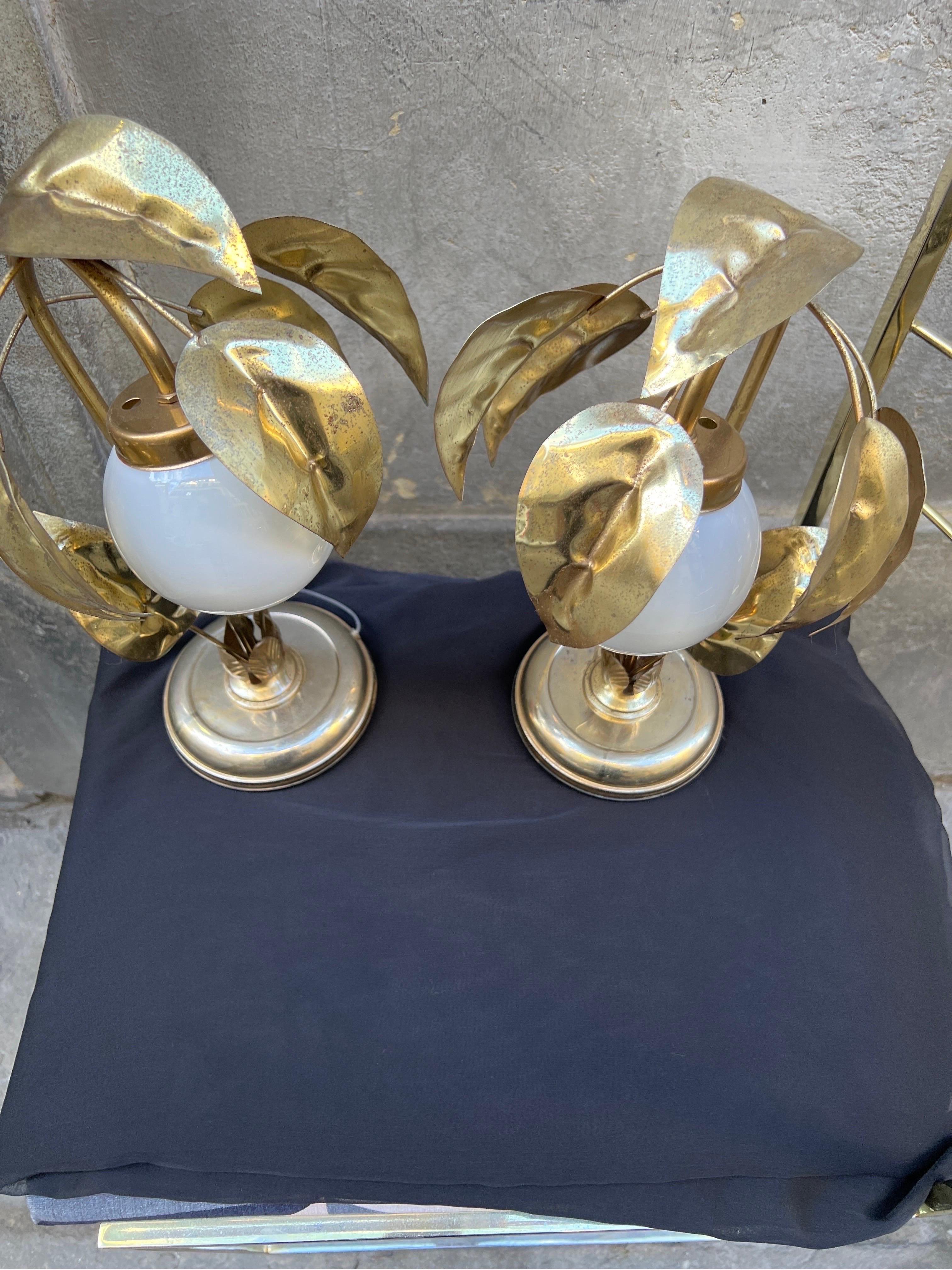 Pair of Gilt Metal Leaves Table Lamps with White Glass Ball, 1950s 5