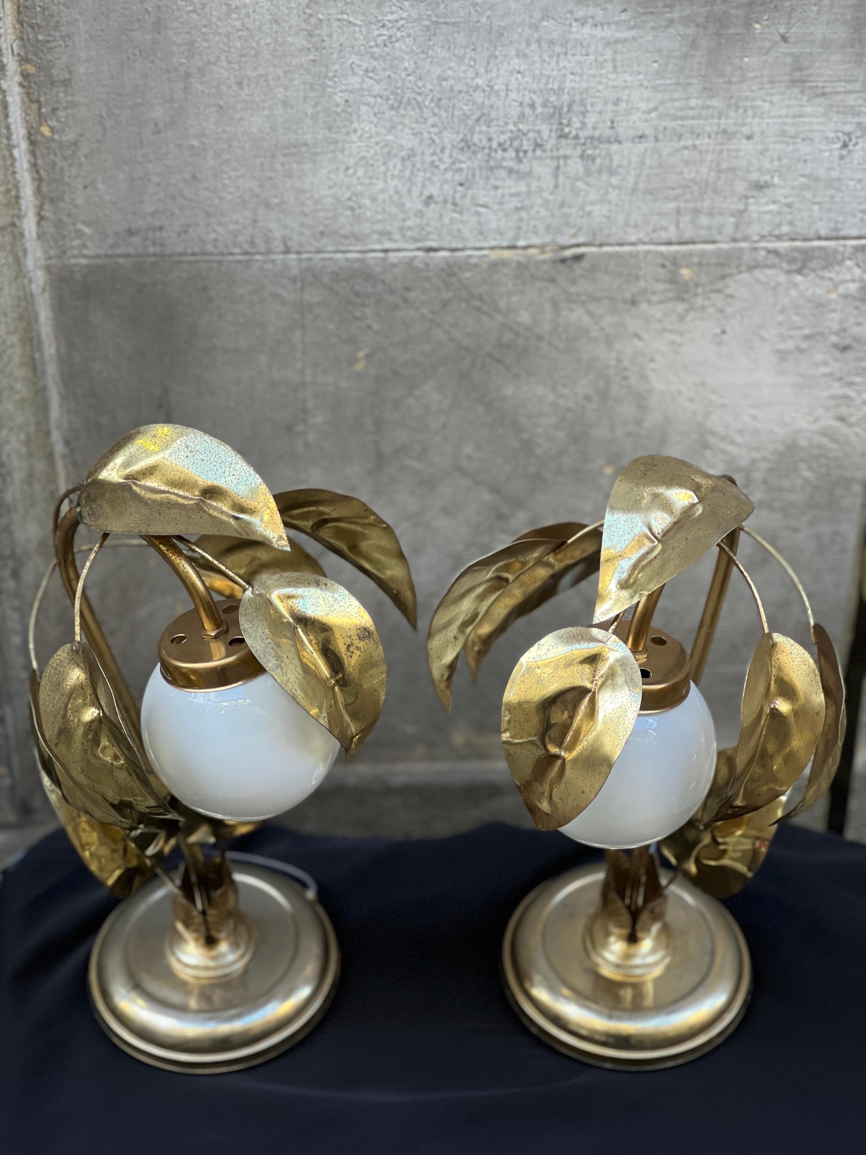 Pair of Gilt Metal Leaves Table Lamps with White Glass Ball, 1950s 6