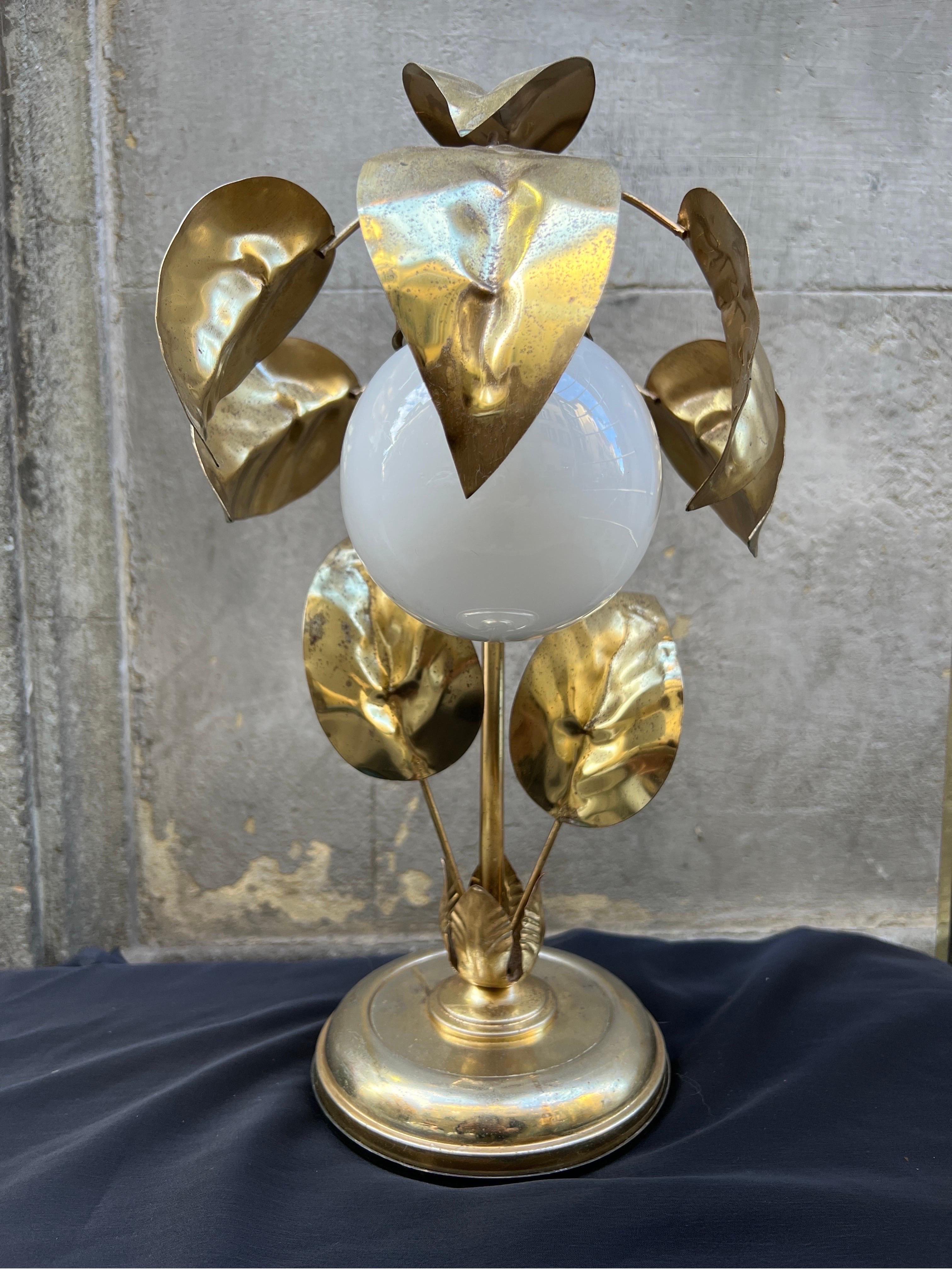 Pair of Gilt Metal Leaves Table Lamps with White Glass Ball, 1950s 9