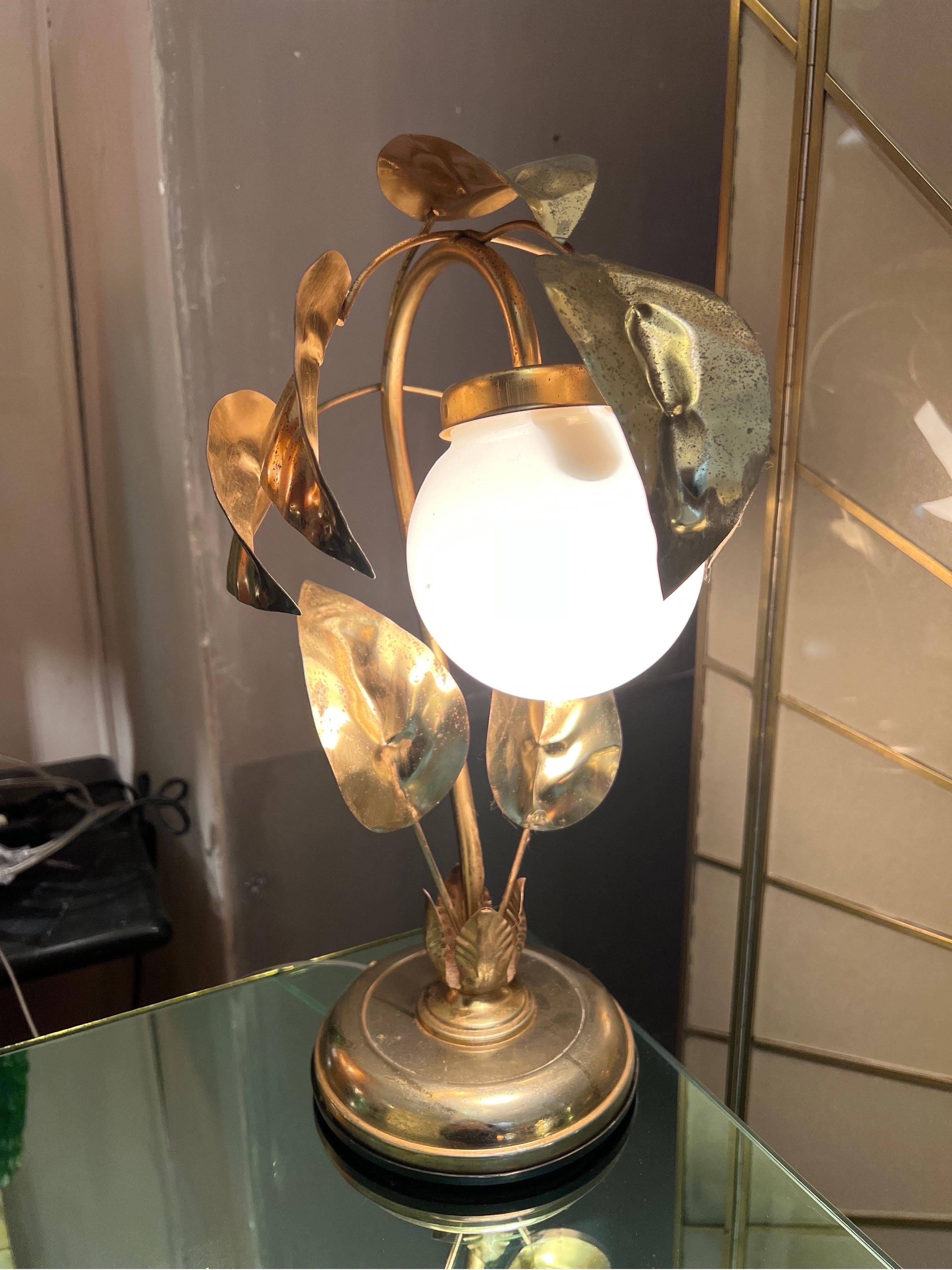 Pair of Gilt Metal Leaves Table Lamps with White Glass Ball, 1950s 11