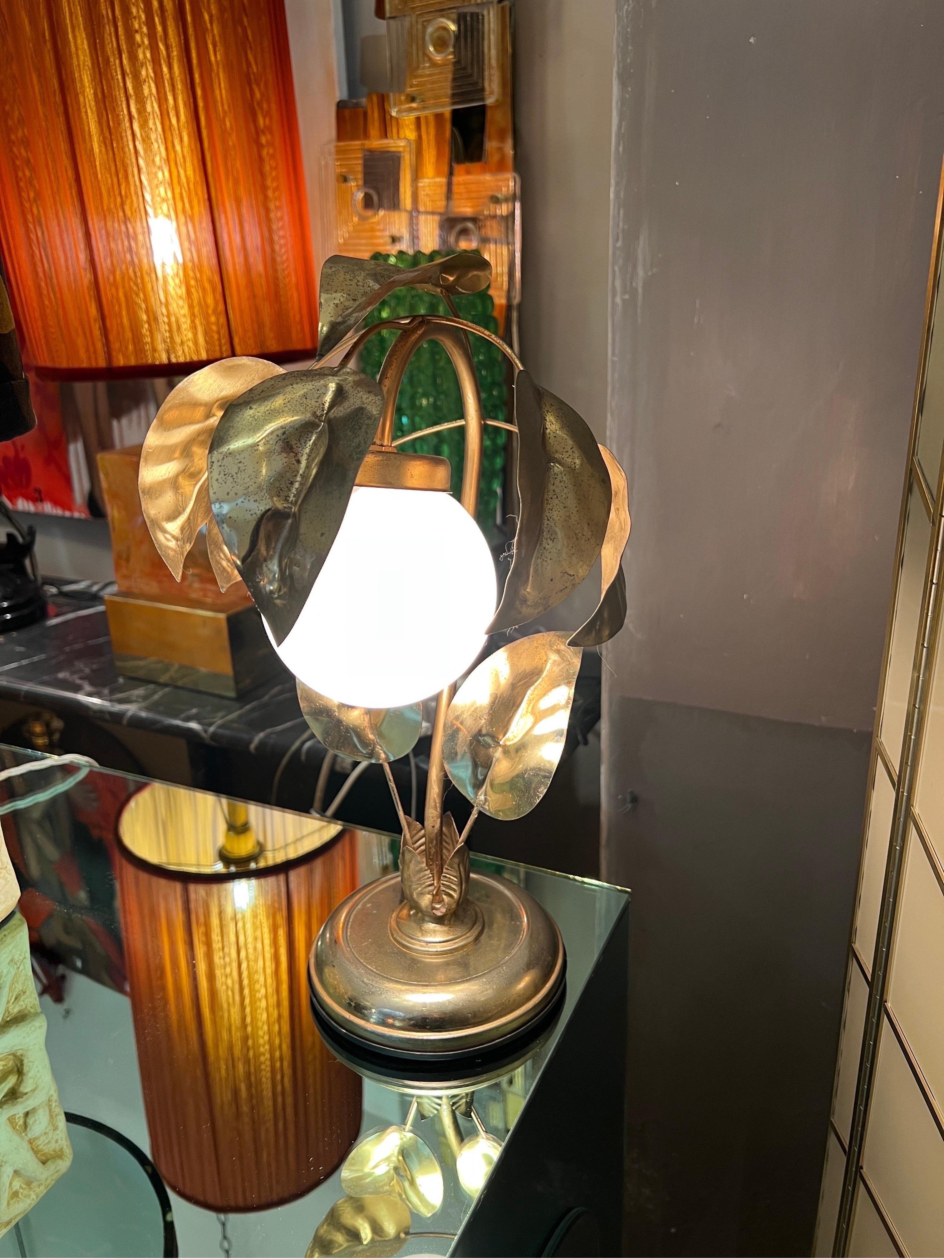 Pair of Gilt Metal Leaves Table Lamps with White Glass Ball, 1950s 12