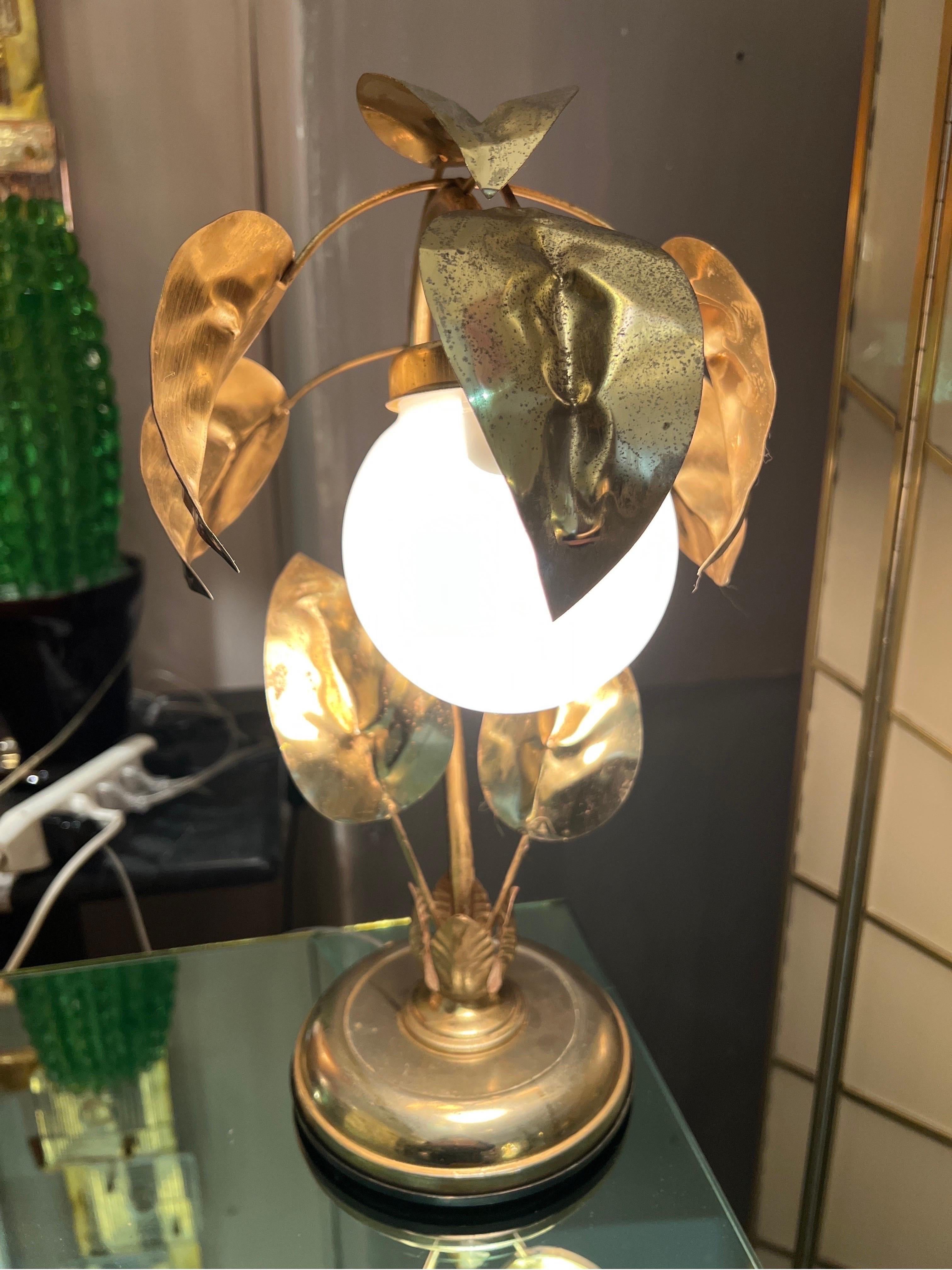 Pair of Gilt Metal Leaves Table Lamps with White Glass Ball, 1950s 13