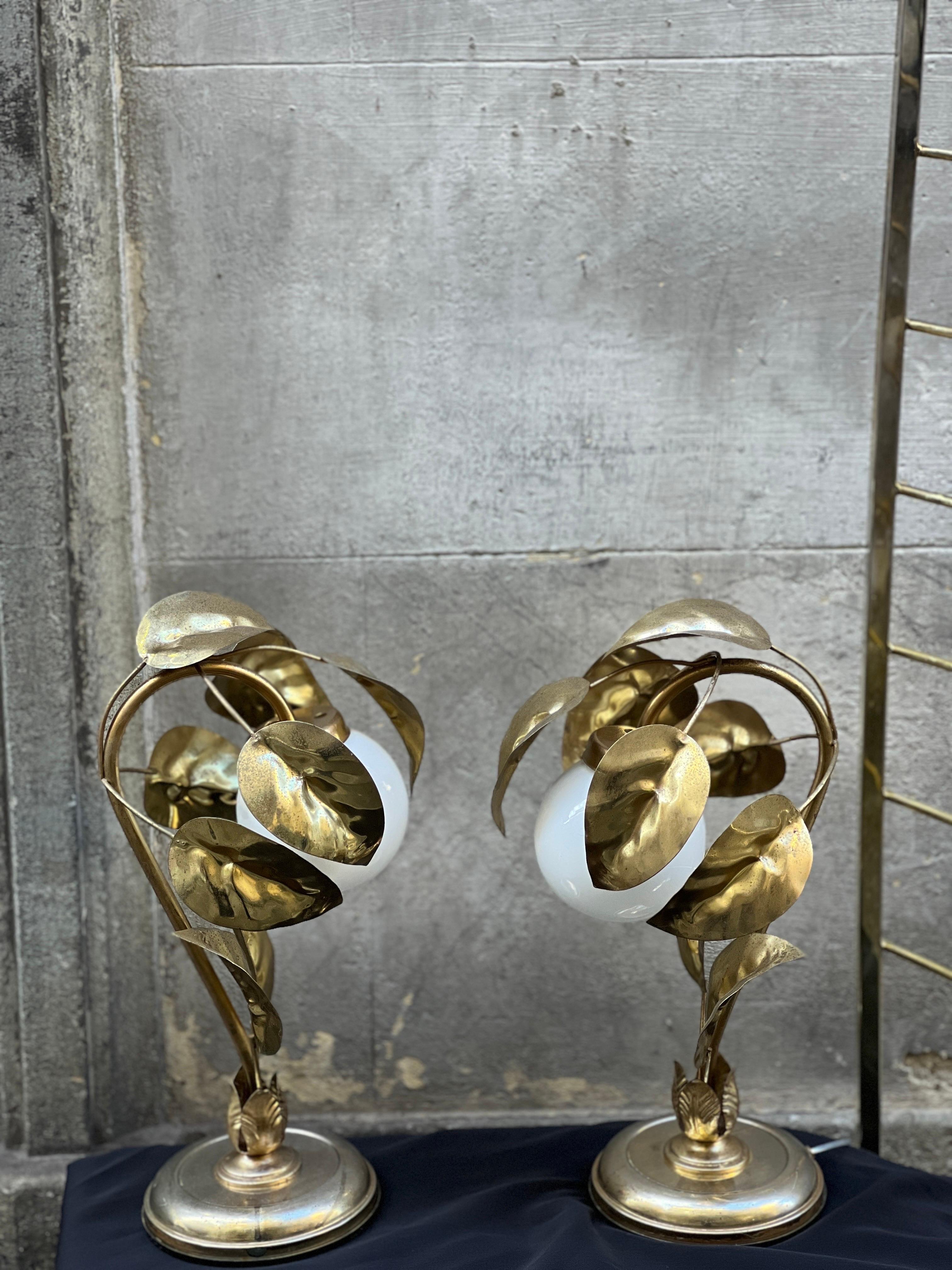 Pair of Gilt Metal Leaves Table Lamps with White Glass Ball, 1950s 3