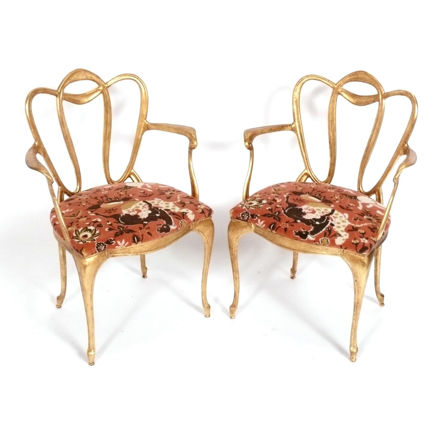 Hollywood Regency Pair of Gilt Metal Loop Chairs in Schumacher Coral Velvet For Sale