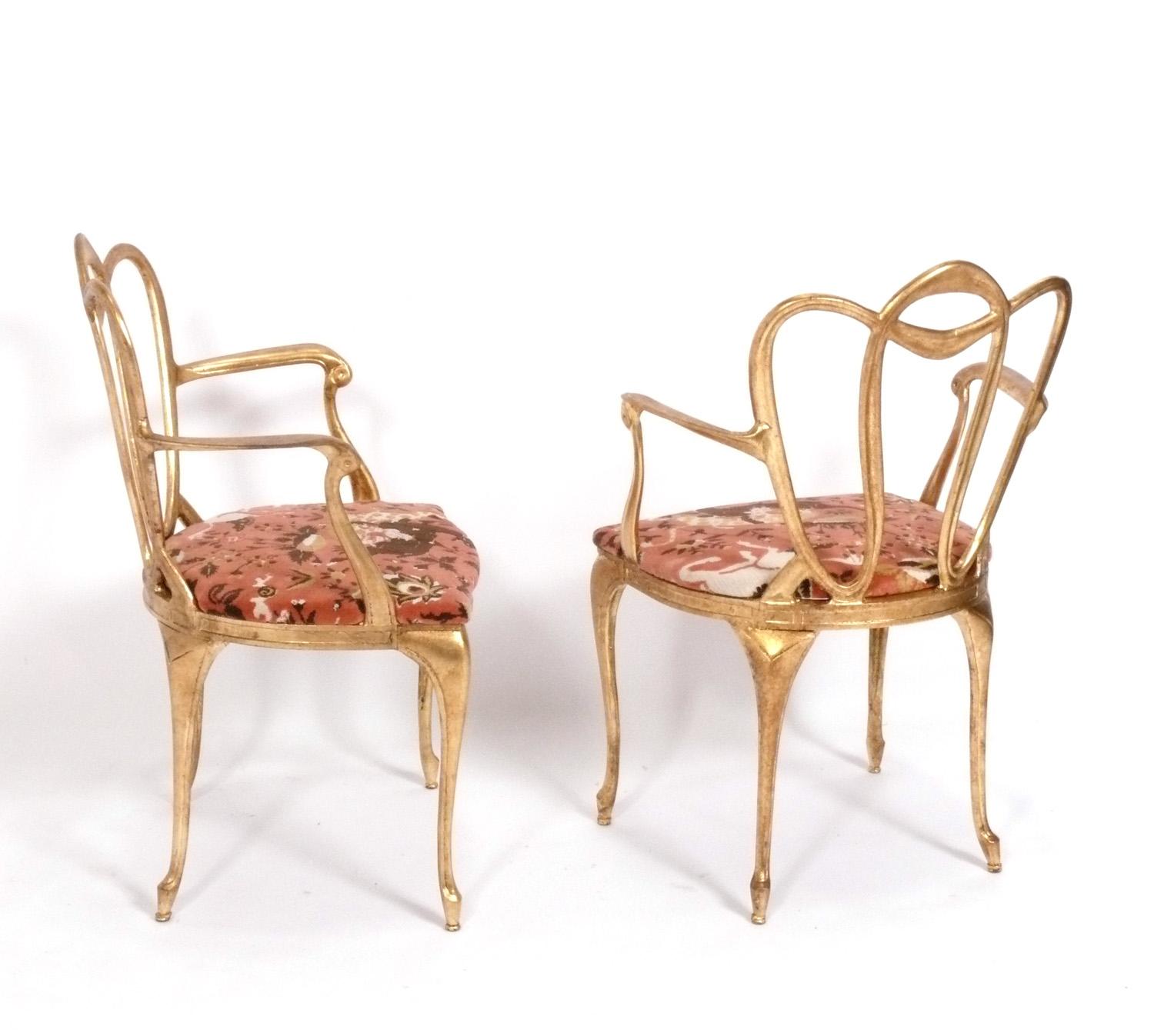 American Pair of Gilt Metal Loop Chairs in Schumacher Coral Velvet For Sale