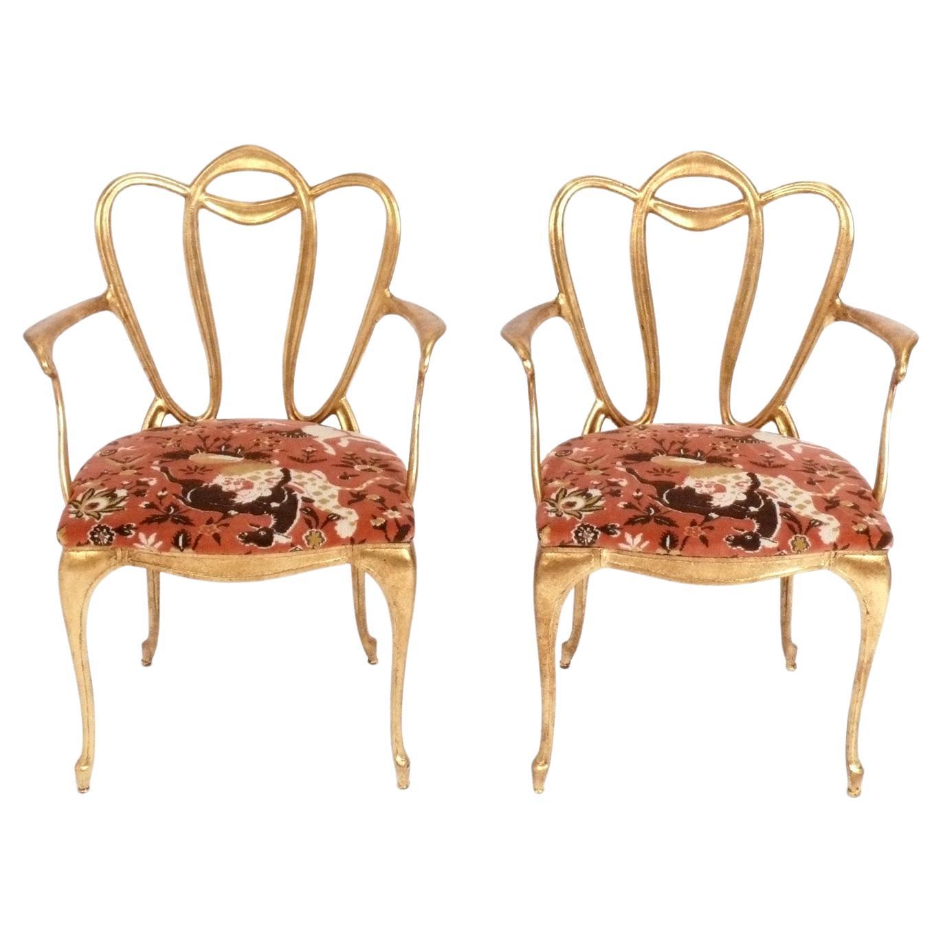 Pair of Gilt Metal Loop Chairs in Schumacher Coral Velvet For Sale