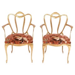 Vintage Pair of Gilt Metal Loop Chairs in Schumacher Coral Velvet
