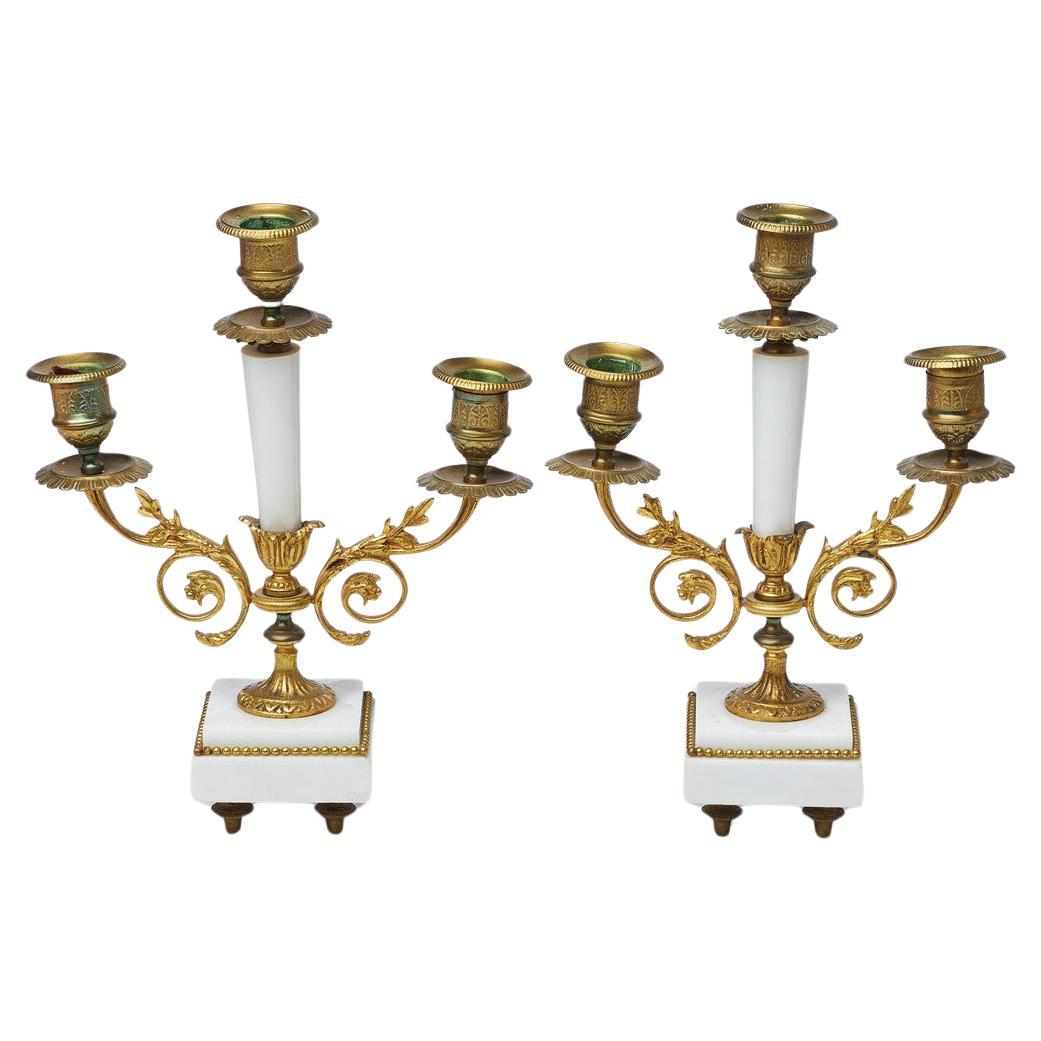 Pair of Gilt-Metal Marble Candelabra, Louis XVI 19th Century Gilt-Bronze Candle  For Sale