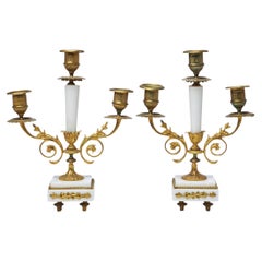 Pair of Gilt-Metal Marble Candelabra, Louis XVI 19th Century Gilt-Bronze Candle