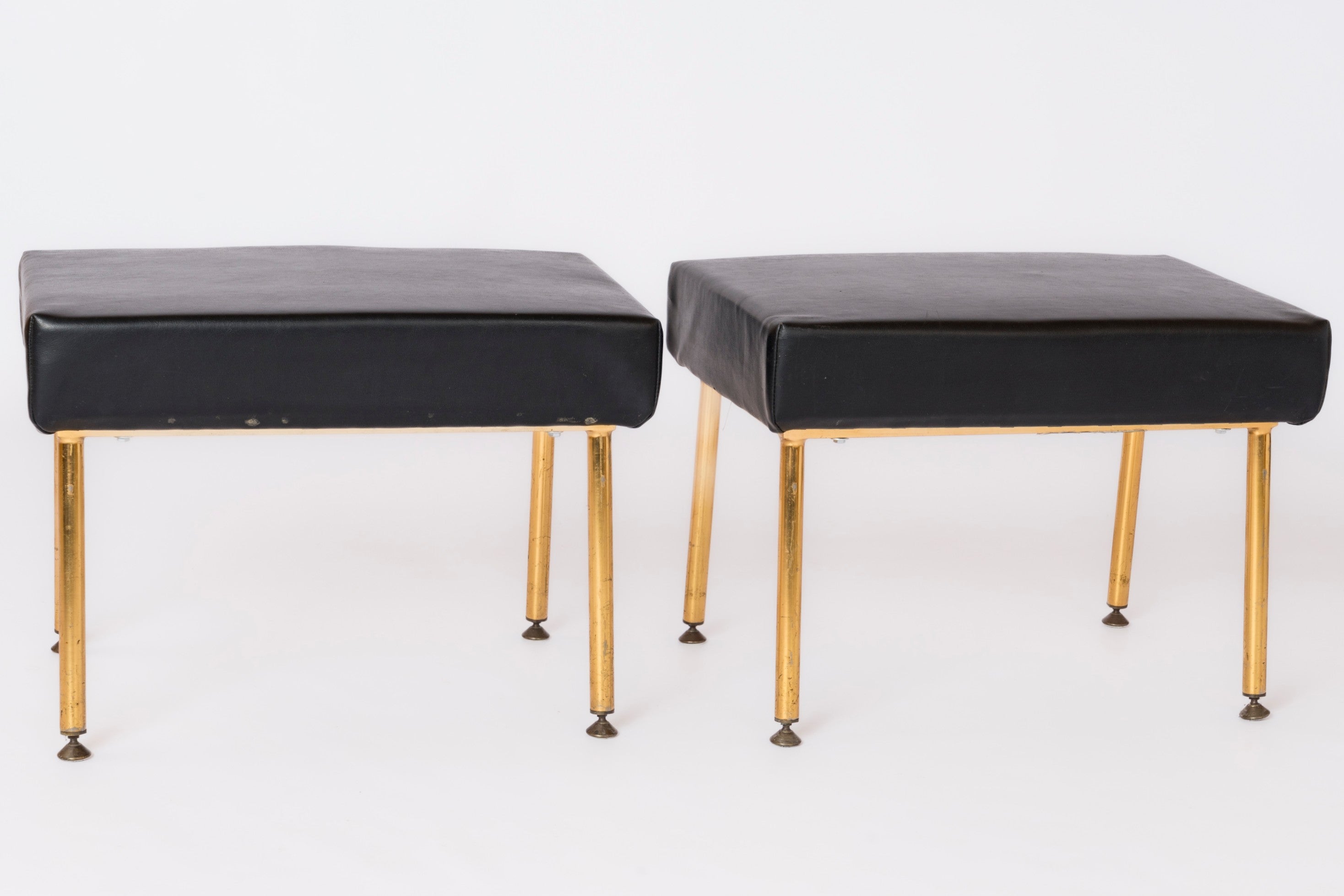 Pair of Gilt Metal & Moleskine Footstools or Benches by Airborne - France 1960's In Fair Condition For Sale In New York, NY