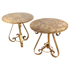 Pair of Gilt Metal Onyx and Gold Flake Side, End Tables by Enzo Missoni
