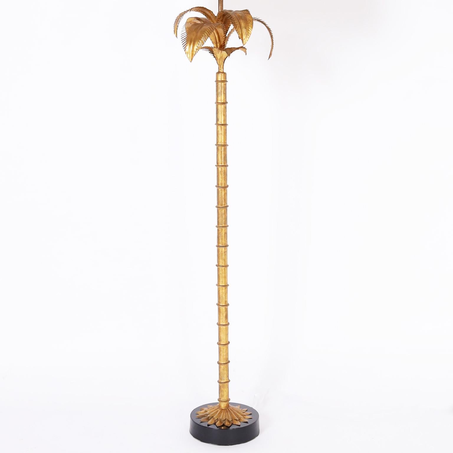 Mid-Century Modern Pair of Gilt Metal Palm Tree Floor Lamps