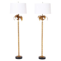 Pair of Gilt Metal Palm Tree Floor Lamps