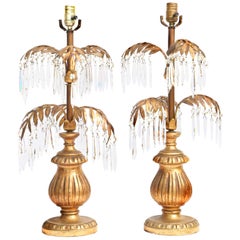 Pair of Gilt Metal Palm Tree Lamps Decorated with Crystals